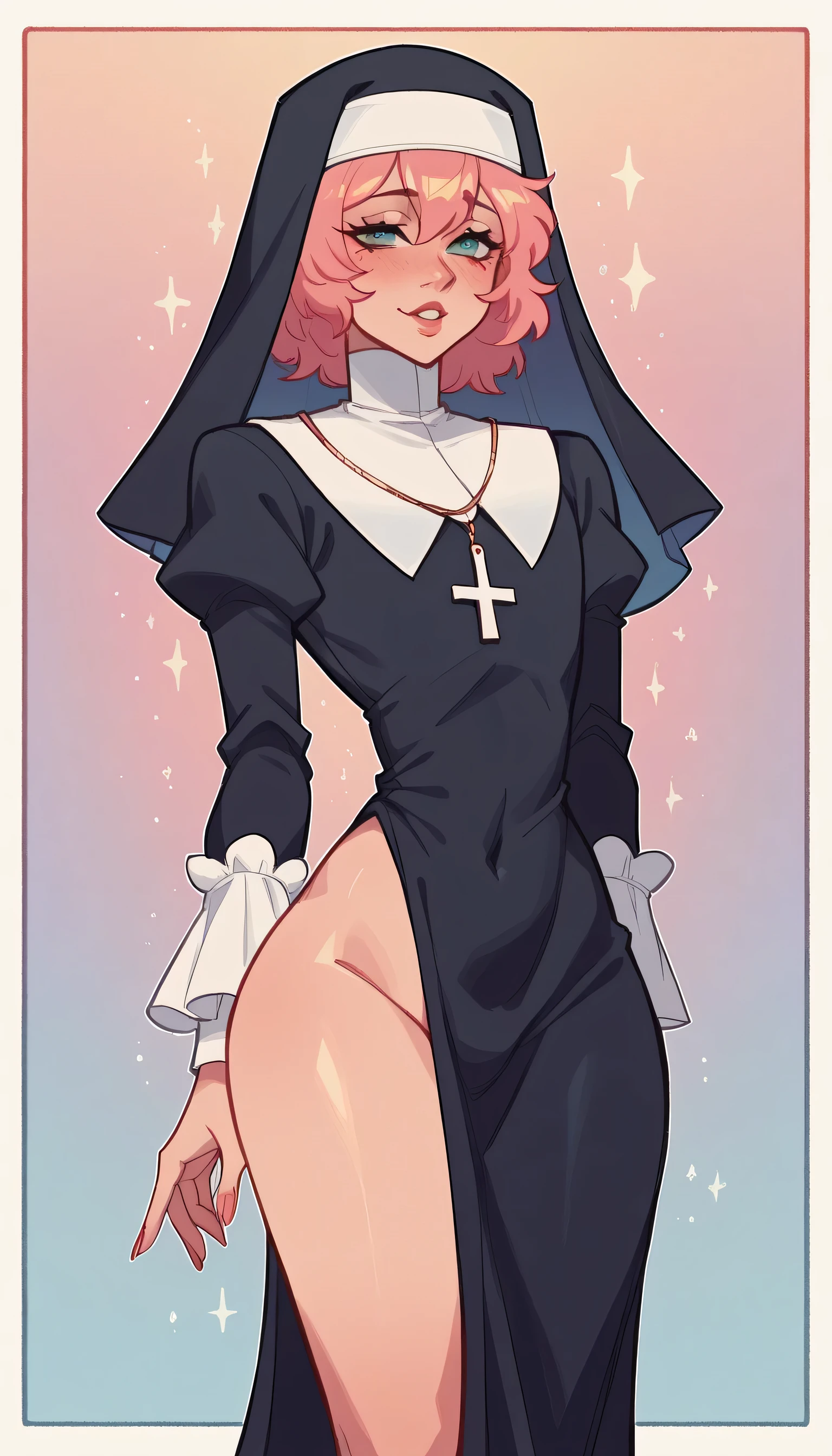 better quality, very detailed illustration girl, long ruffled voluminous bouncy hair , playful look, delgado, ideal body, thin waist , wide hips, simple drawing, Artifyber style , pastel flat colors , nun outfit, sexy, close up, femboy