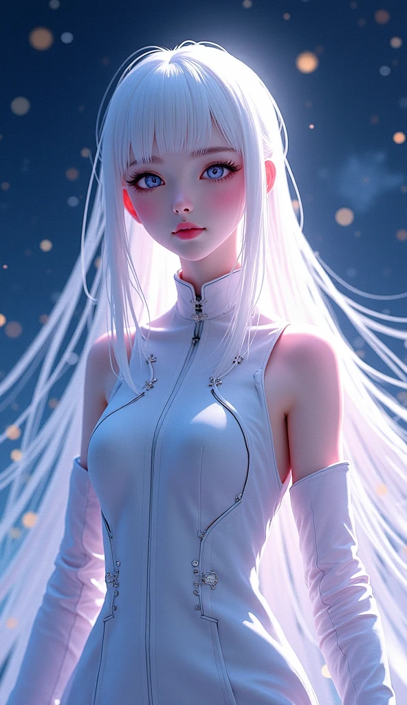 Kizi, with Sharingan activated, anime style image, with white long hairs, futuristic clothes 