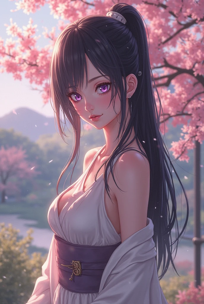 nude, Youghal, (Mature,  bangs, side lock, red eyes, black hair, hair ornaments, Popping milk 3),girl portrait, (face:1.2), Female student, 笑face,bare shoulders, black hair, Cherry Blossom), willow branches, (Masterpiece of the highest quality :1.2),  NSFW
