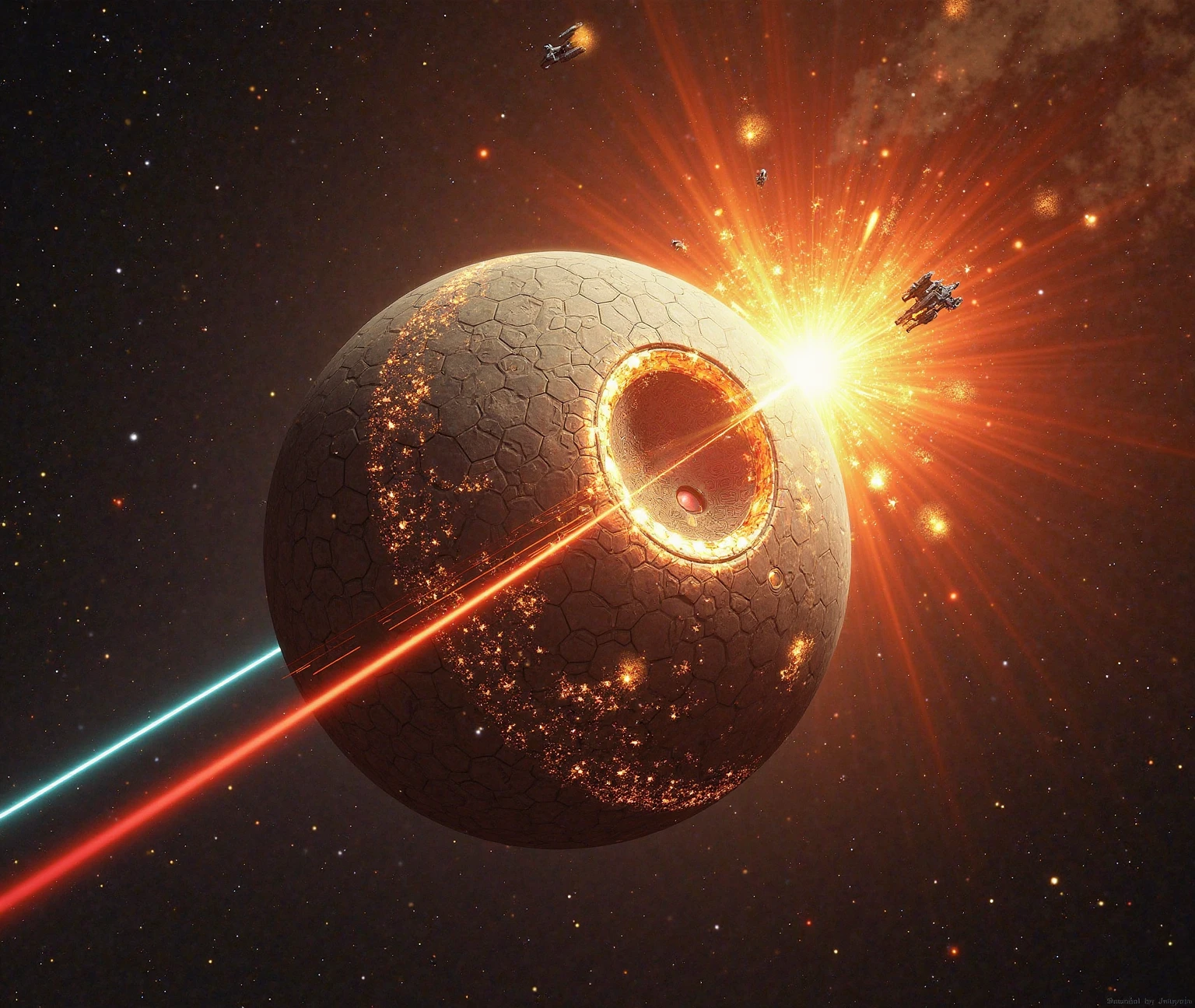 The Death Star (shiny metal surface with hexagonal laser channels) fires a cybercrystal-penetrated superlaser (ultramarine blue energy core + green refractive patterns) on a terrestrial planet. - explosion moment: The planet shows radial fragmentation (glowing tectonic plates + Lava fountains), } surrounded by a shock wave ring (gold-red plasma radiation). - light dramaturgy: hard Illumination due to laser reflections on the Death Star skeleton × soft glow from the explosion. - Background: 3 imperial star destroyers (sharp-edged silhouettes) + crystalline debris cloud with rebel escape capsules (tiny yellow flashing lights).