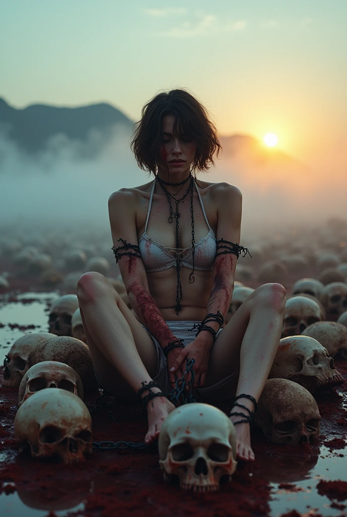A headless female body, bleeding, sitting position as if being executed, surrounded by many human skulls, scattered as if after a massacre, surrounded by crows, underneath a pool of bloody water, in the middle of the desert, hands and feet tied with chains, her body full of wounds, sensual body, big breasts, short wavy hair, beautiful Asian woman, tied with chains, in the sahara desert, showing a scary atmosphere, with many human corpses, dusk, fog, latenight, very realistic, very realistic.