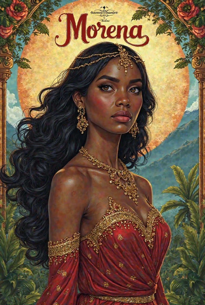 old (Masterpiece, Best Quality, Highres:1.2) Art Nouveau Style Beautiful African Woman with Long Braided Hair Shaped as Flowers and large necklaces in the Style of Alphonse Mucha, portrait of a beautiful cute, very beautiful, standing artistically, realistic natural, professional light distribution, very artistic lighting gradation, artistic detail, highly detailed, centered, Nymph-pattern vintage wallpaper with dramatic backlighting casting deep shadows, featuring a meticulously crafted illustration inspired by Dan Mumford and Alphonse Mucha, hyper-realistic and photorealistic textures, extremely detailed with intricate floral and foliage elements, octane rendered in 8K (extremely detailed 8k wallpaper), Golden ratio, hidden ancient African symbols (, Spiral), balanced design, color harmony, Vernis Martin, golden, ancient mythology, artistically twisted edges, reminiscent of old-world craftsmanship with a contemporary edge, volumetric lighting, ultra fine details.