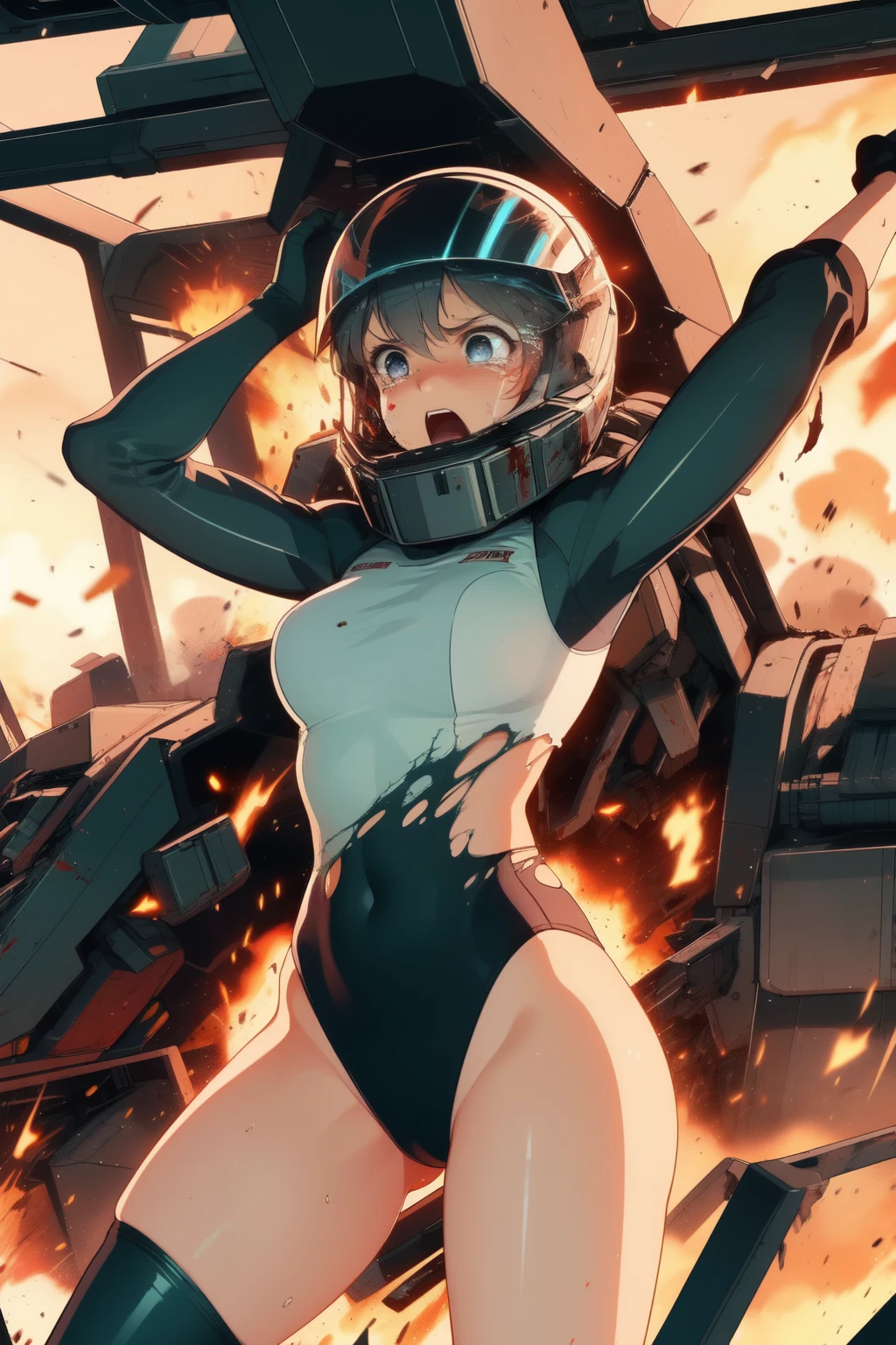 cockpit_explosion, fire, electricity, screaming, explosion, science fiction, wide-eyed, tearing clothes, standing, blood, scared, sweat, crying, mecha, torn clothes, tears, cockpit,1girl、wearing black gymnastics bloomers,high leg,white blouse,cowboy shot