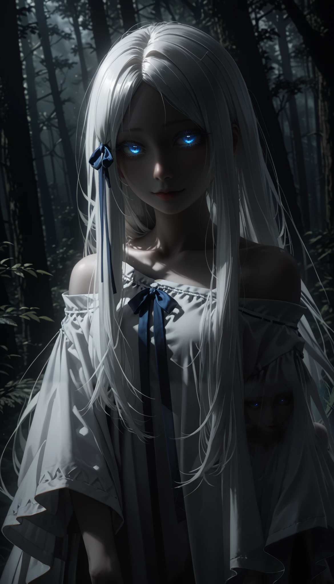 medium-up, KJOpandora, white hair, blue eyes, parted bangs, Long eyelashes, very long hair, hair ribbon, half-closed eyes, pale skin, сonfident gaze, glowing eyes, white dress, off shoulder, In a dark forest, tall trees, A sweet smile, ancient forest, ethereal mist, tall and thick trees