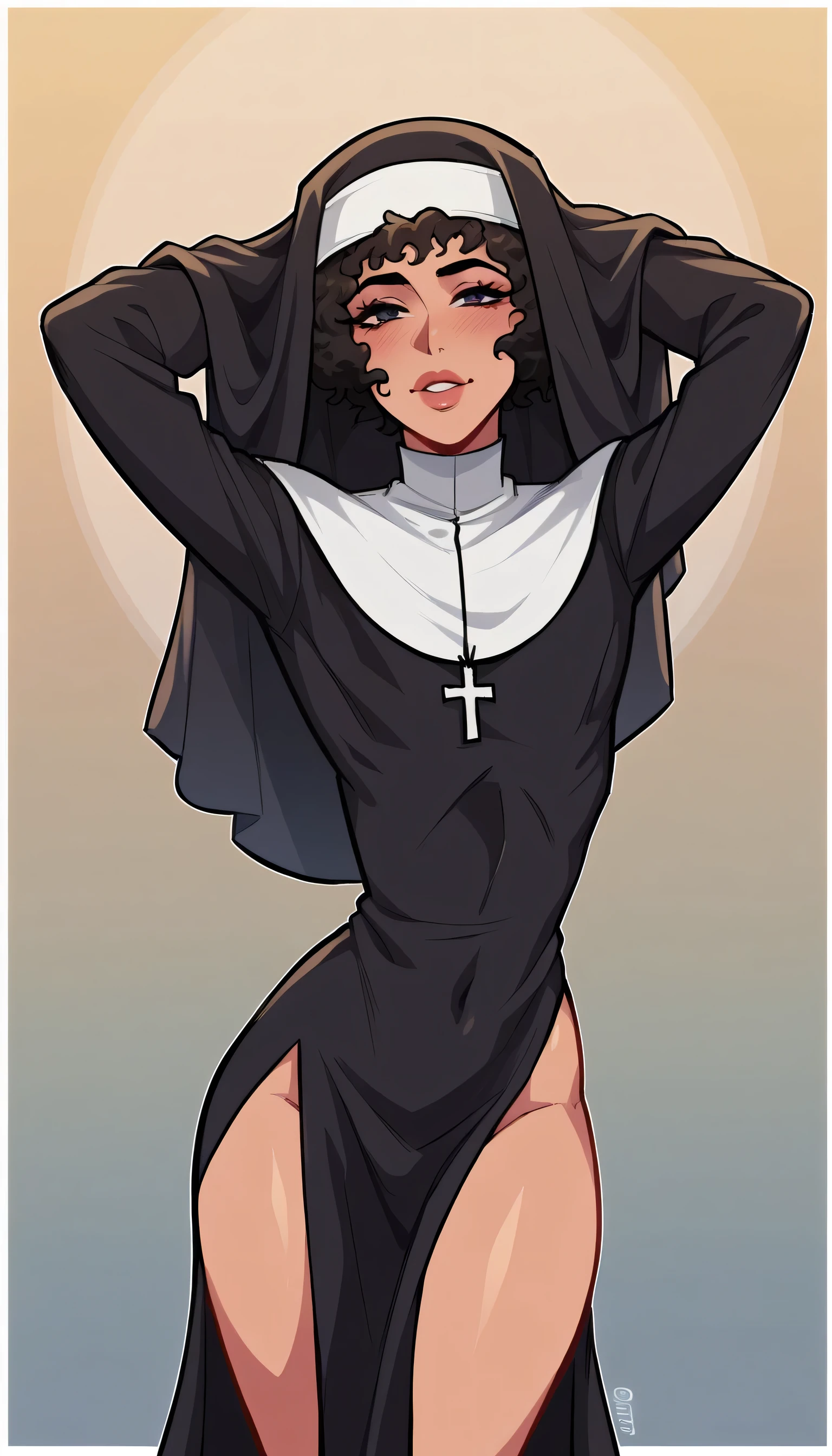 better quality, very detailed illustration short ruffled voluminous bouncy hair , afro hair, playful look, delgado, ideal body, thin waist , wide hips, simple drawing, Artifyber style , pastel flat colors , nun outfit, sexy, close up, femboy, sexy, arms above head, elegant