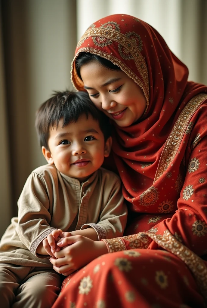 a beautiful, slim, Indonesian hijab woman with an open chest buttoned shirt, showing off her bra, is having sex in a woman on top style with a 14 year old boy