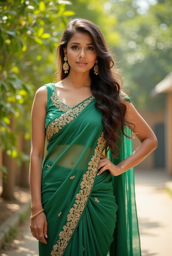Beautiful young indian woman, wearing green satin saree, winter, classic photoshoot portrait pose, dense tropical forest, traditional beauty, hindu aesthetic, ancient forest temple, erotic, age, detailed face, detailed body, symmetric face, cute, iconic, photorealistic, big breasts, big belly, soft body, wavy hair, masterpiece, 8k, ultra realistic, detailed background, high resolution, god rays, ambient occlusion, 