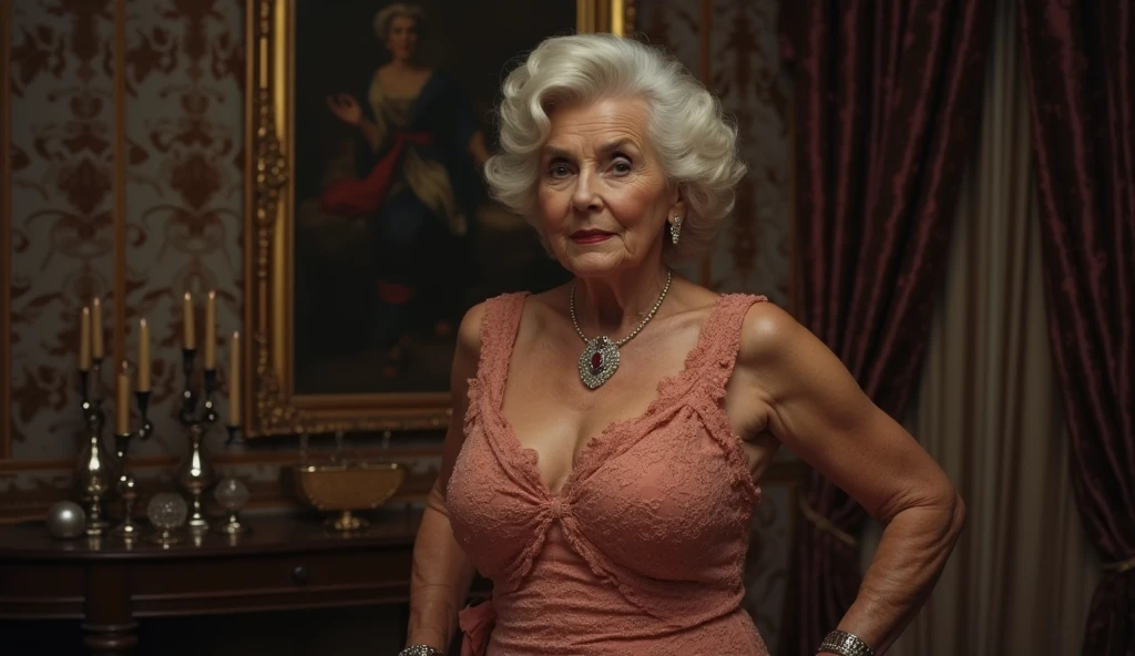 masterpiece, (busty breast:1.4), (queen elizabeth 80yo at hospital) (covered in cum:1.3), (kissing a black penis:1.6), (excessive cum on face:1.5) with (close mouth:1.4), generous cleavage, (white sheer silk dress:1.5), (looking up the man),  background room ospital