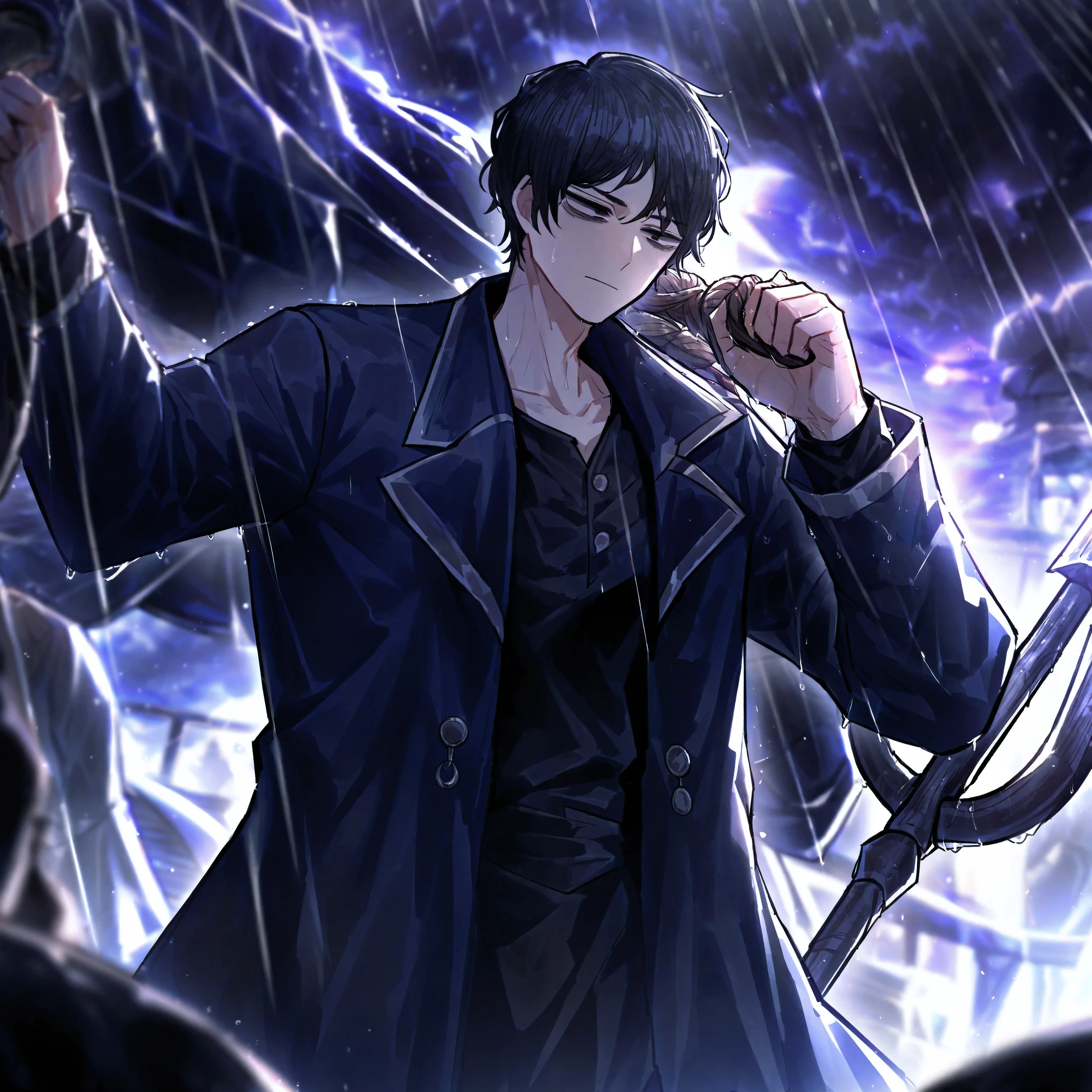 1man, boy, male, black hair, short hair, unkempt hair, pirate captain attire, close up, solo, dark blue outfit, high resolution, raining, Masterpiece, detailed, ((projectmoon)), skinny, black eyes, on ship, holding trident in one hand, black shirt, male focus, solo focus, dark blue coat, standing, facing forwards, main focus
