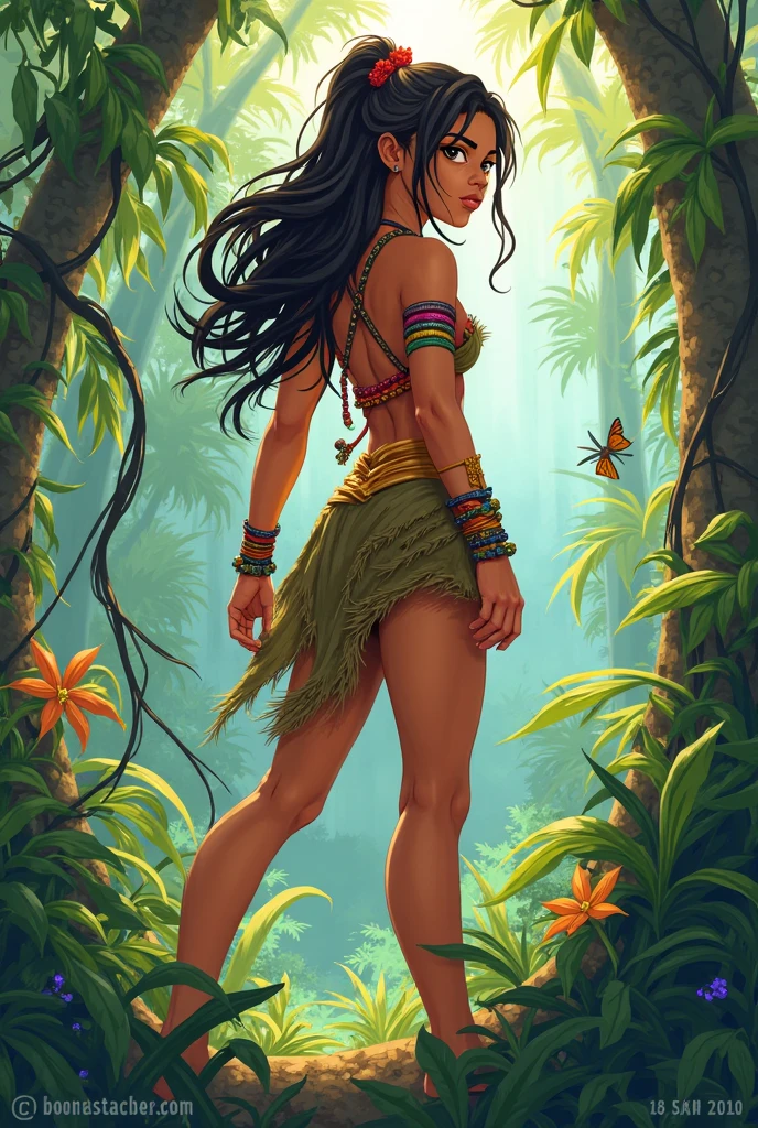 "Create a detailed comic-style illustration of a superheroine named Tempest. She stands with a serene, grounded presence, embodying the spirit of nature and balance. Tempest is of medium height, with a lean and flexible body sculpted by years of yoga and meditation. Her skin has a warm, sun-kissed bronze tone, radiating health and vitality. Her long, wavy brown hair flows naturally down her back, adorned with small flowers and leaves that she gathers from her walks in nature. Tempest's eyes are a deep, vibrant green, reflecting her profound connection to the earth and her surroundings. She is dressed in light, flowing garments made from natural fabrics, in shades of green, brown, and blue, mirroring the colors of the earth, sky, and forests. Around her neck, she wears a necklace of crystals and precious stones, each chosen for its unique energy. When she uses her powers, the air around her hums with vital energy, and plants sprout and grow where her feet touch the ground. The overall effect is a figure of calm strength and harmony, deeply in tune with the natural world."