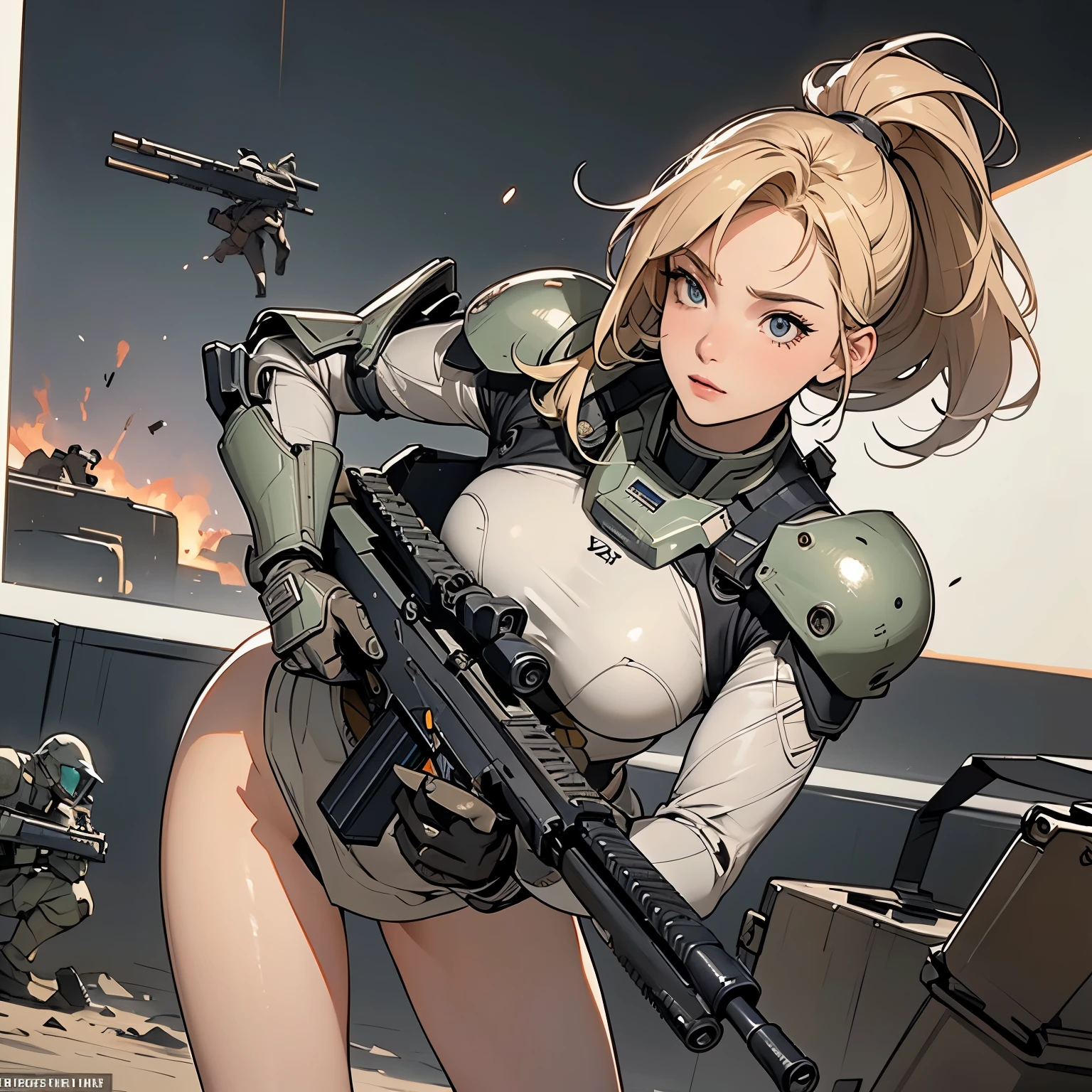 1woman 20 years old, military, camouflaged uniform, beautiful, perfect body, realistic, blonde hair, perfect body, thin waist, , large breasts, slim thighs, snow battlefield, armored tank, flying fighters, military robot dog, wealth of details, tight panties, marking on the front, slender knees, highly detailed, high resolution, prefect hands, slender thighs, thigh gap