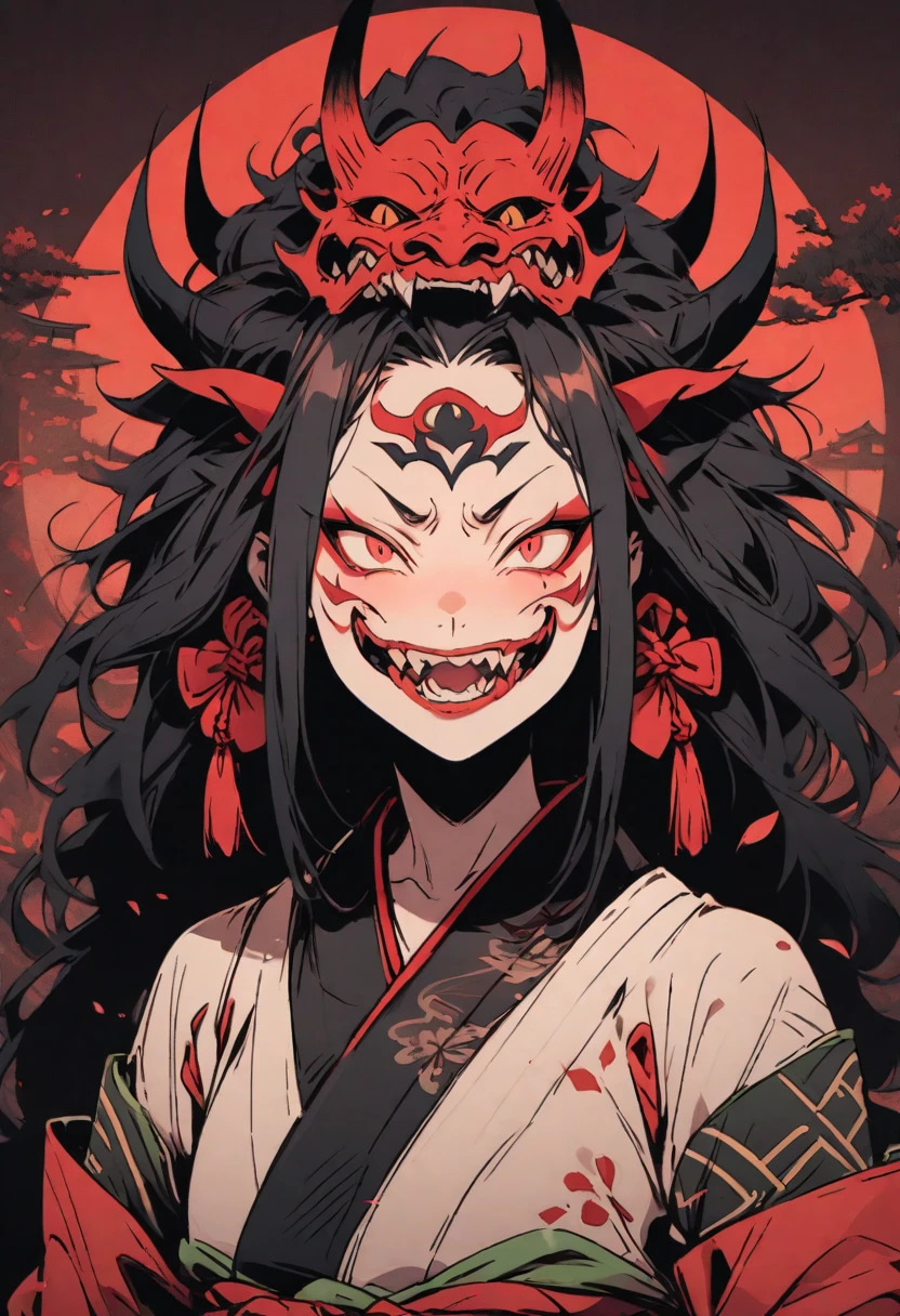 (long white neck 5.0) female legendary Japanese monster, wearing a red kimono and a creepy face