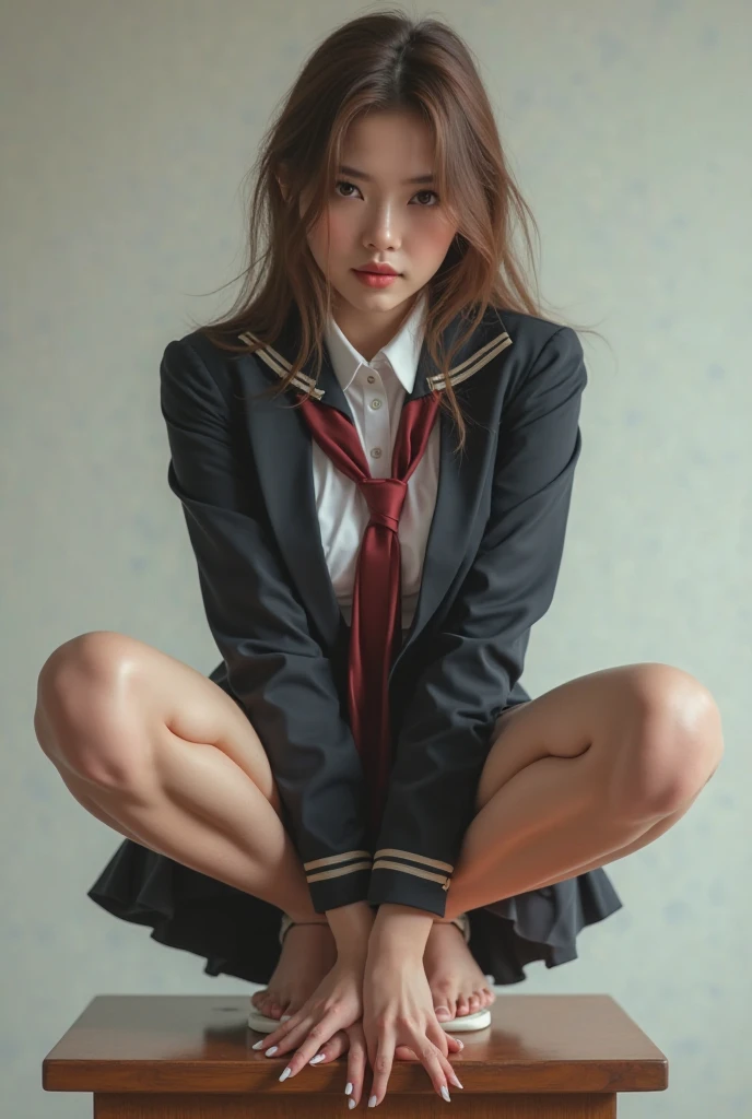 Put your hands on your knees、((White panties are visible))、(Squatting panty shots)、二重まぶた、Perfect fingers、perfectly proportions、Colossal tits、eye lashes、heels on the ground、Beautiful delicate eyes very detailed、hight resolution、Transcendent beauty、top-quality、​masterpiece、((Japanese girls' high school uniform))、Very detailed expression、School Classroom、Highly detailed appearance、a 18 year old girl、Front-facing、(((dynamicposes)))、((Sitting on legs with bent knees))、Sexy upper eyes、low angles、(((White panties are visible)))、M-shaped leg pose