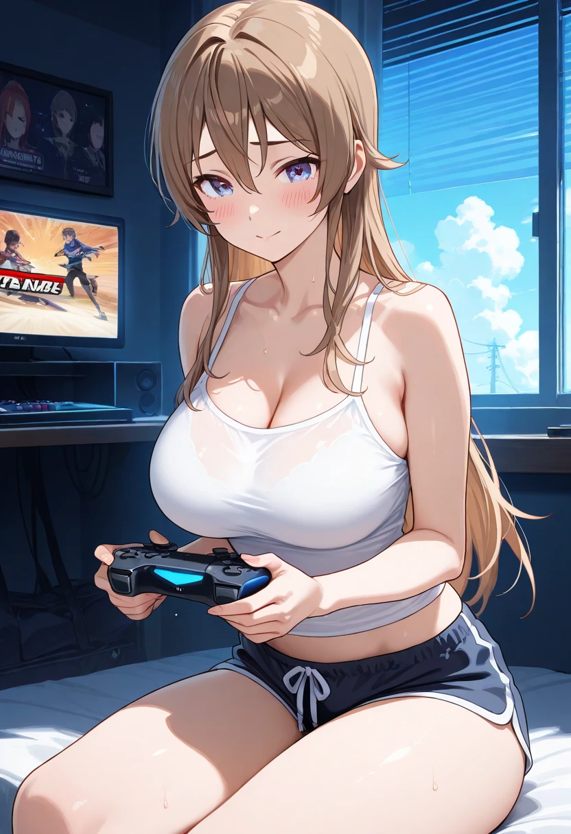 ((masterpiece, best quality, ultra detailed, 8K)), 1girl, solo, stunning cute girl, ultra detailed face, ultra detailed eyes, light brown very short hair with bangs, ivory and blue bikini with jacket, visor, long boots, backpack, playing arcade game in amusement arcade