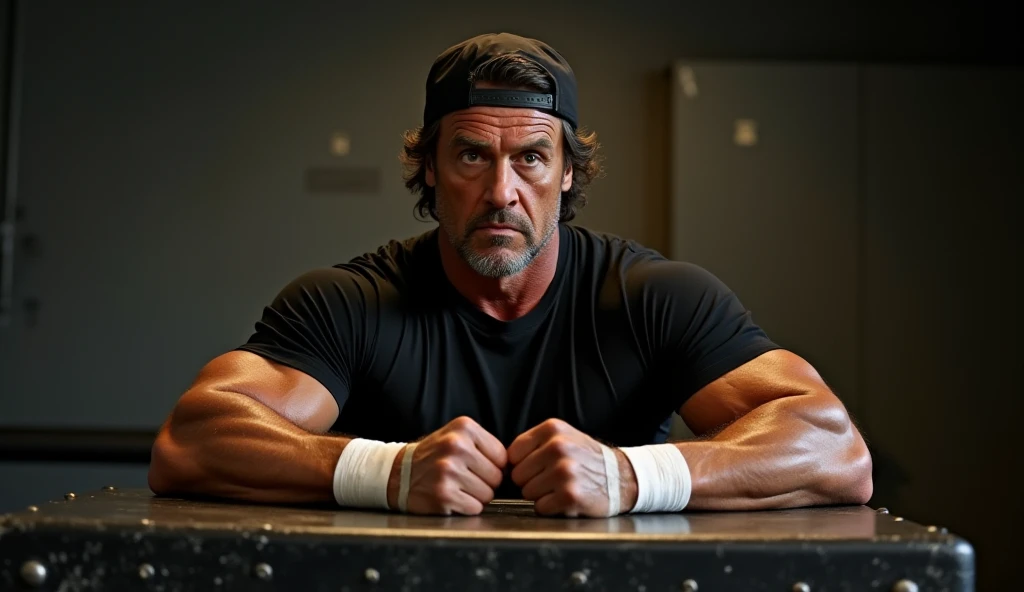 a close up of a man with a hat on his head, super buff and cool, muscular character, beefy, muscular! cyberpunk, technoviking male with no shirt, buff man, robust stocky body, big muscles, male art, big muscle, very buff, big biceps, manly monster tough guy, buff painting, muscular characters, gigachad muscular