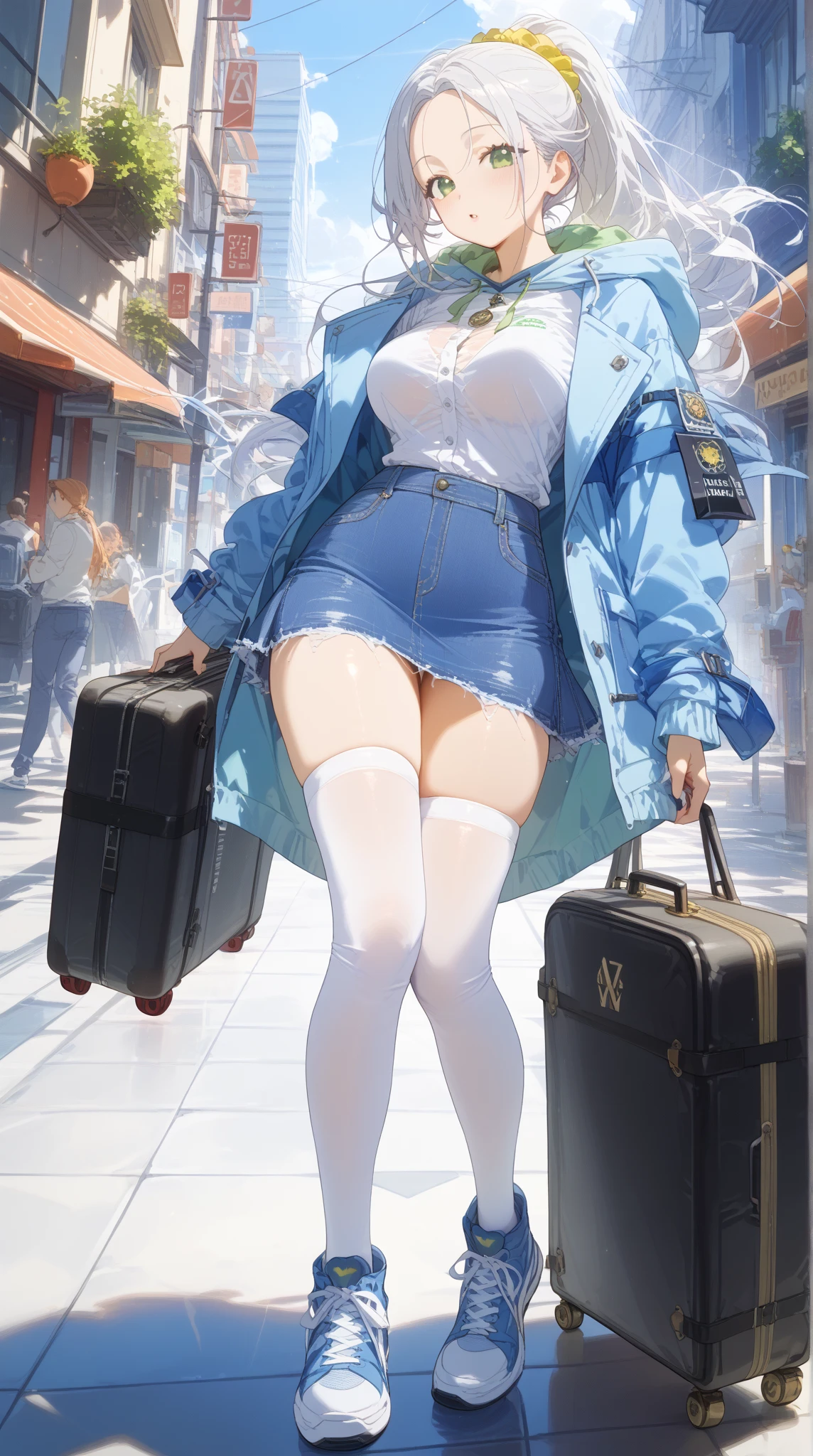 An excited girl waiting for the bus stop sitting with her body facing forward with her legs wide open wearing a very tight and very transparent dress naked showing her large detailed breasts and her arms behind her back
