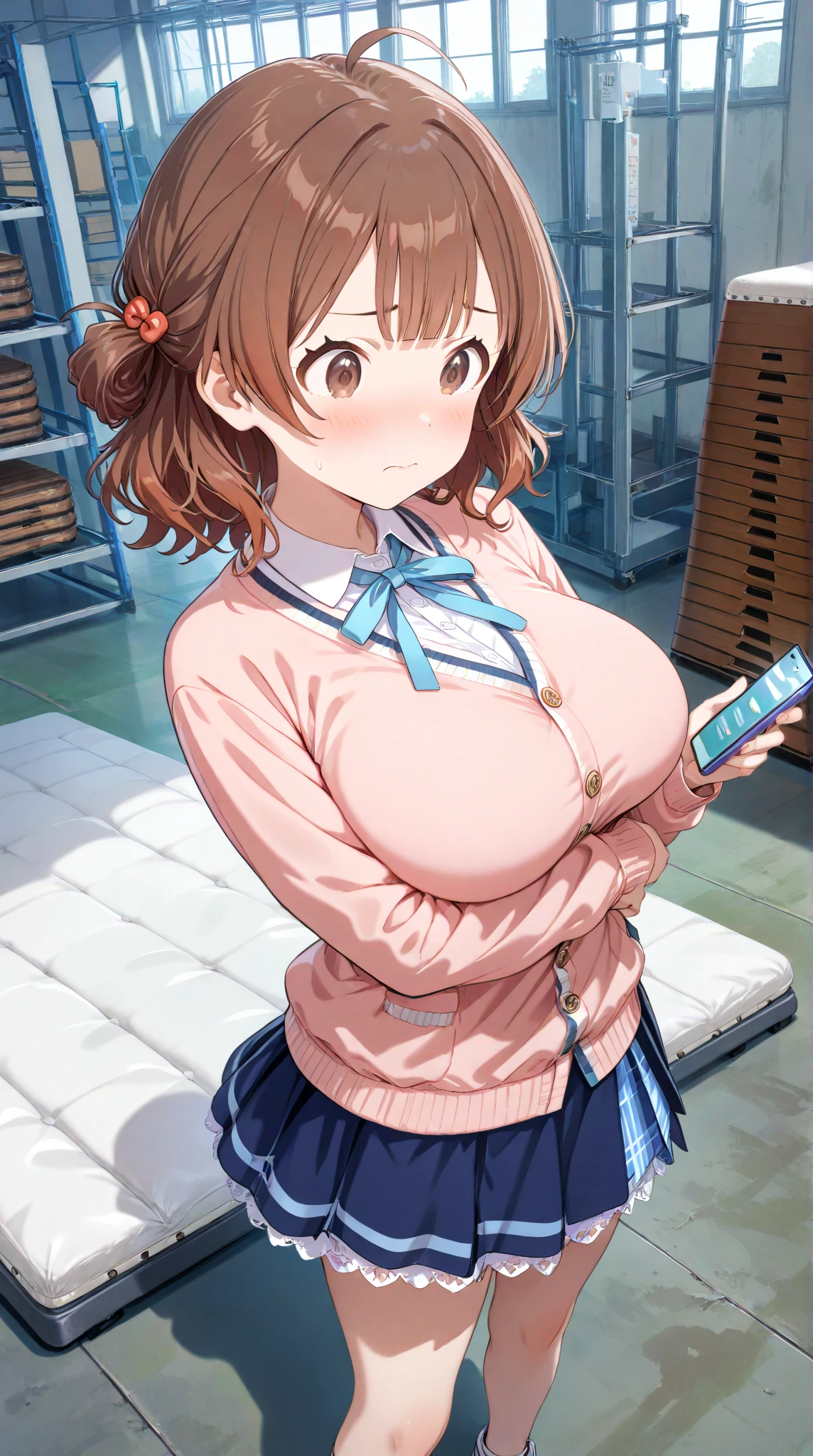 [1girl, meisho doto \(umamusume\), umamusume], (throw_hand, pink vibrator remote switch in throw_hand, throw:1.2), Highest quality, Super detailed, masterpiece, Ultra-high resolution, 8K, Ridiculous, Cowboy Shooting, Blurred, One girl, Focus on the girl, Embarrassing, blush, Lovely, Close one eye, With tears in her eyes and her mouth open, What saliva leaves behind, Wet skirt hem, (Sticky panties:1.1), Bulging of the vibrator cord, Vibrator with Garters, (cleavage), Classroom Background, The skirt is accidentally exposed,(large breasts), (crop top navel), (waist line), Accidentally exposed panties
