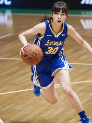 female basketball player, dribbling, running on court, full body, sporty, action, ((masterpiece)), ((best quality)), (ultra-detailed), ((beautiful eyes)), Japanese female, (slender:1.3), ((30 years old)), beautiful,