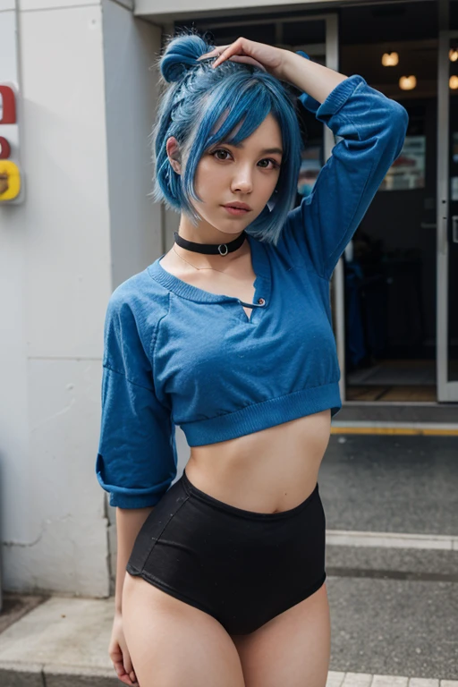 raw photo, 8k, (top-quality), Realistic, (real picture, Intricate details), (natural skin texture, detailed skin, hyper realism, sharpness), (Japanese teenage girl standing in a dirty back alley at night, graffitied wall:1.3, hands in pockets), ((tight white tank top, Distressed denim pants, low rise baggy pants)), (((flat chest:1.5))), (pale skin), ((blue hair, shorthair, short bangs)), (seductive face, Parted lips:1.3), graffiti:1.5, trash can, night time, spot lighting:1.3, Full body shot