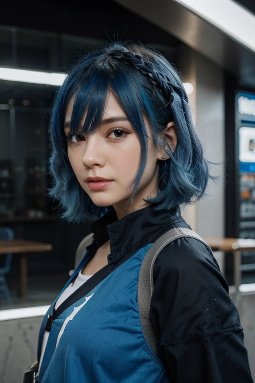Blue hair, white shirt, black jacket anime