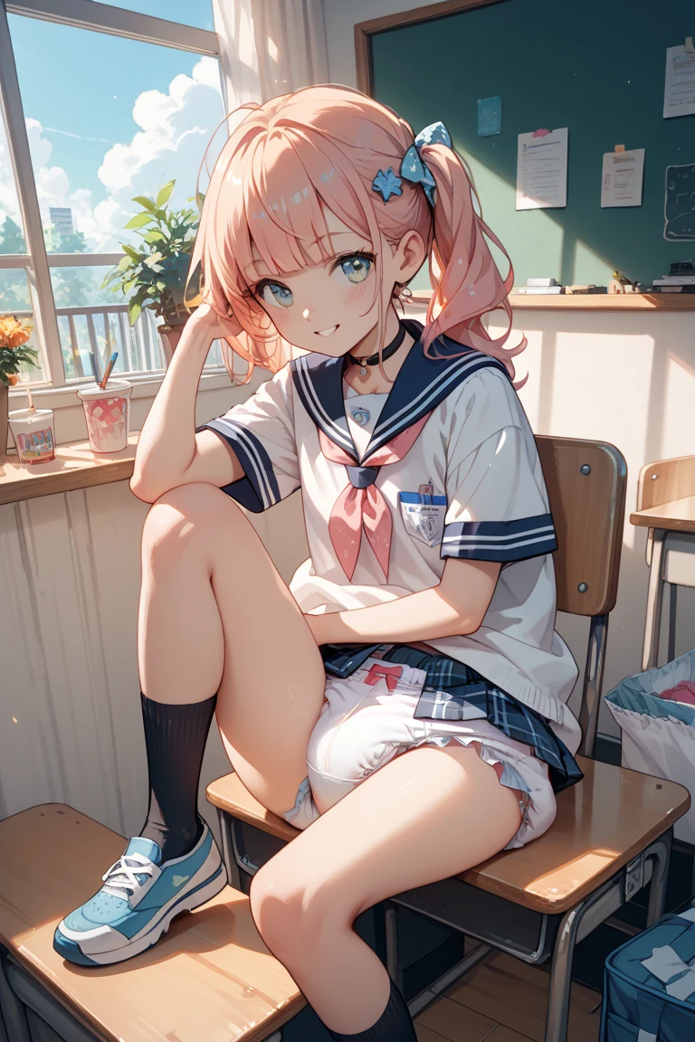 ((8k, Highest quality, masterpiece: 1.3)),Ultra-high resolution,(1 girl, alone), (Color changing eyes, Ultra-detailed, Expressive brilliance, Glitter, Glowing Eyes), Highly detailed eyes, Highly detailed face, Random Hair, ((pastel colour)),A lively young woman with pastel peach-colored hair styled into a playful bob, sitting at her desk in her brightly lit bedroom during a sunny afternoon. She is dressed in a fun and subtly alluring sports cheerleader cosplay, wearing a pleated skirt, a crop top, and matching sneakers. The camera captures her from an overhead angle as she looks up with a radiant smile, her expression full of energy and enthusiasm. The room is filled with natural light, with a few sports-themed decorations, a pom-pom resting on the desk, and a motivational poster on the wall, creating a dynamic and uplifting atmosphere,(nsfw:1.2)