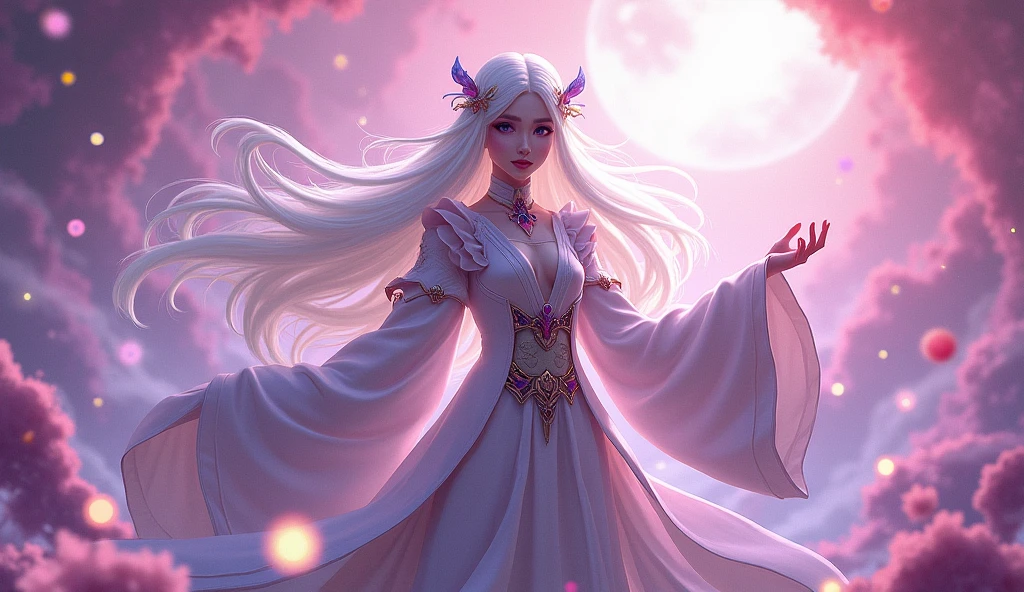 masterpiece, best quality, 8k, Sexy Enamorus, white hair, furry art, anthropomorphic Pokémon, medium breasts, red eyes eyes, (perfect eyes), (perfect lips), (detailed eyes), heaven, rising dawn, bedroom eyes, hearts eyes, aroused, white lipstick, detailed lips, hair blowing in the wind, pink aura of love, translucent white silk dress, goddess