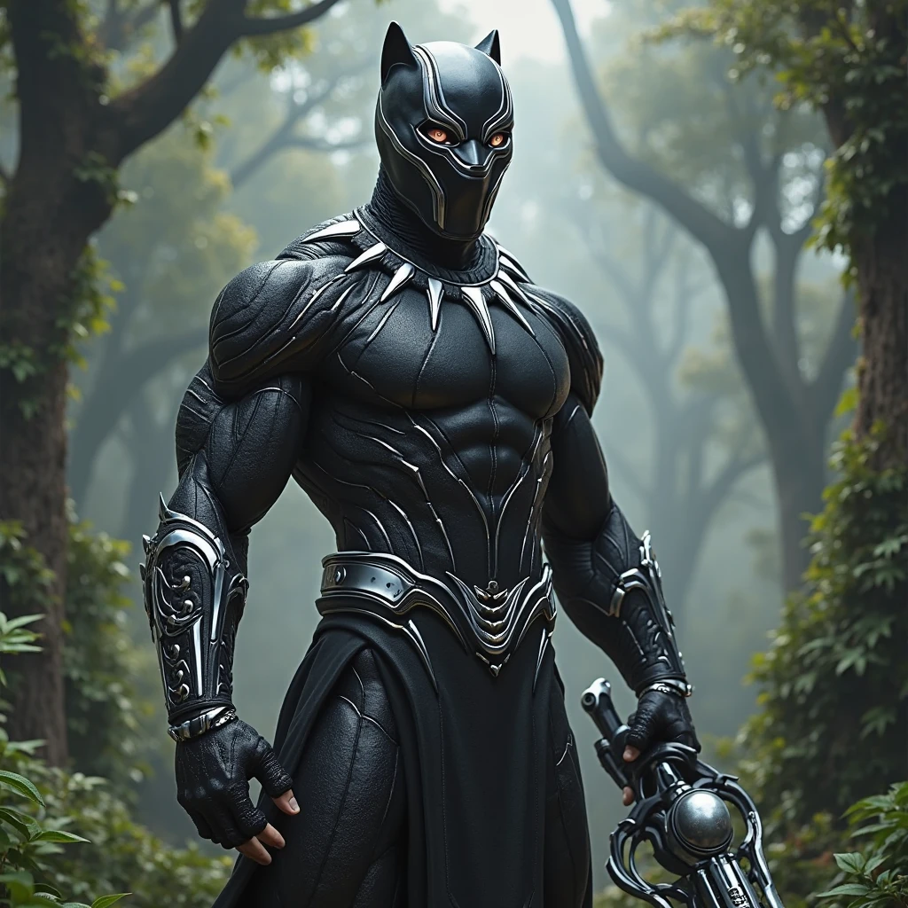 The Black Panther is standing in a forest, olhando para o horizonte. He's wearing his traditional armor, a horned mask. Ele tem um olhar determinado em seu rosto, and is ready to face any challenge that comes your way. The background of the image is a dense forest, with tall trees and green leaves. There is a sunlight shining through the trees, criando um efeito de luz e sombra. The image is in shades of green, preto e branco, creating a sense of mystery and suspense. The Black Panther is a powerful and imposing character, and this image captures his strength and determination. It's an image that is sure to inspire fans of the character. in high definition