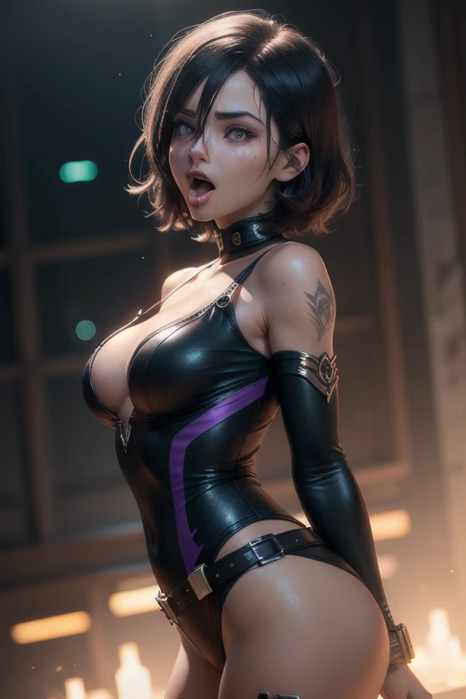 mid 40s milf, abs, threatening face, sharp features, asymmetrical legwear, asymmetrical hair, asymmetrical clothing, short bob hairstyle, hairy armpits, hairy, clothes only partially covering breasts and vagina, warrior goddess of darkness with one heterochromia, wearing colorful war paint, posing, mouth slightly open, surprised, angry, seductress, hairy skin
