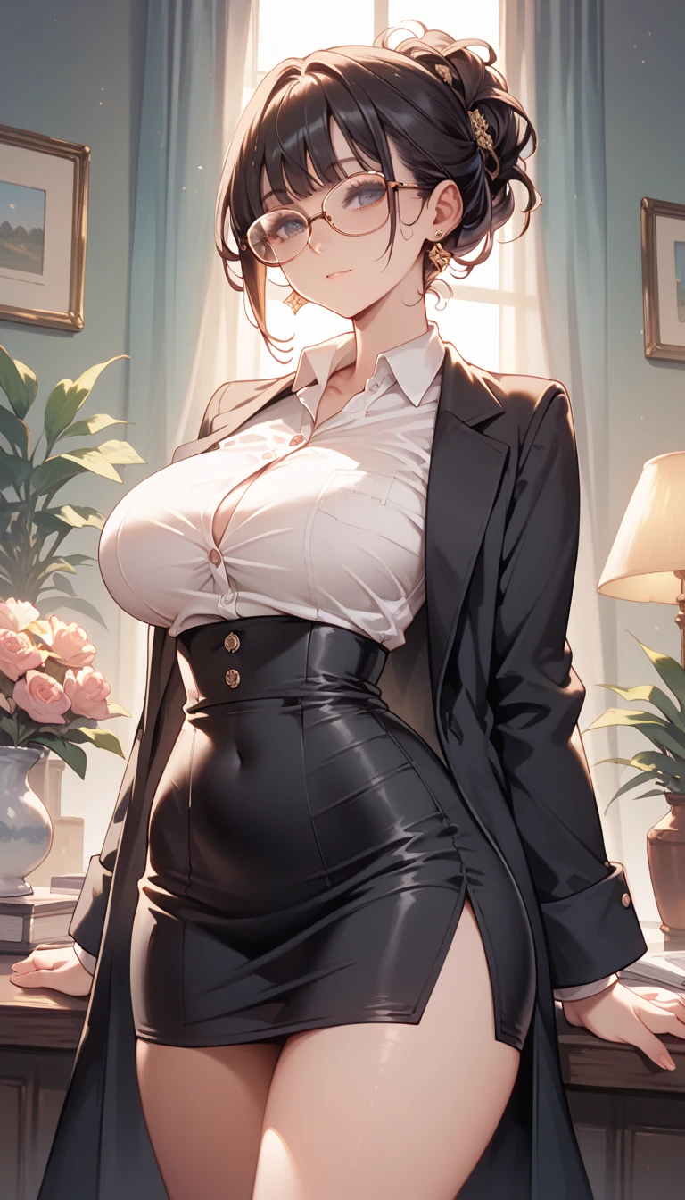(super high quality,Ultra-high resolution,16K,super masterpiece,Ultra HD,Detailed shading),Full body photo,the sunlit entrance,A seductive mother,(popped collar White shirts,Bring the hem out,Tight collar,Long sleeve,BLACK Pencil Skirt),sexly,Short black hair,Sweep your bangs to the side,Glasses,smile,Pearl Earrings,Pearl Necklace,Engagement Rings,slouch,Opening the Door,