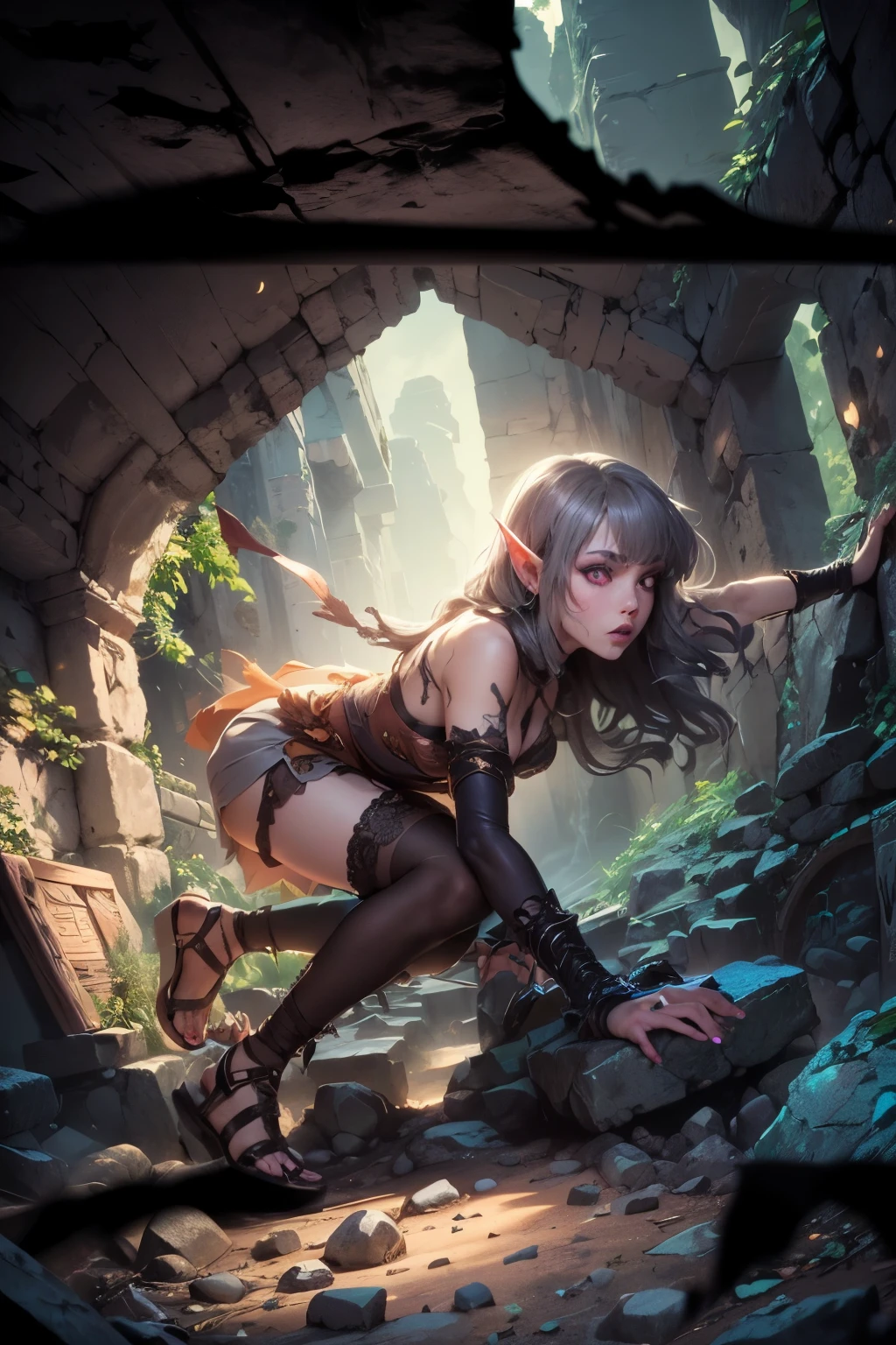 (Ultra-detailed face, Looking away, Gothic Illustration, Dark tone colors. She has five fingers on her hands and five toes on her feet.), BREAK
(Ancient ruins. Egyptian-style ruins. Dimly lit space. Fantastic. Mysterious. Corruption. Contrasts of light and shadow.), BREAK
(A female dark elf treasure hunter twists her body and crouches on the floor, trying to stoop through the narrow stone passageway. She looks around cautiously.), BREAK
(She has gray hair, gray eyebrows, blunt bangs, waist-length wispy hair, small pink lips, lavender eyes, dark gray skin, and dark, thick eyeliner.), (She wears a short lace up-dress with a short, reddish-brown lace fabric overlay in an English Victorian style. She wears an up-dress. She wears sandals with braided leather straps.)