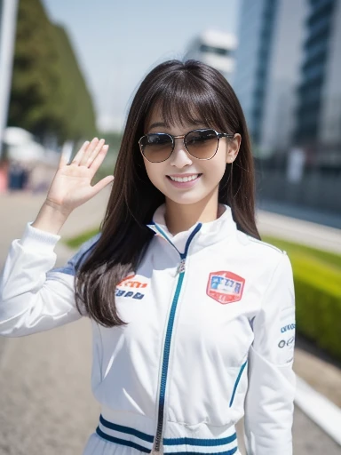 Highest quality High resolution Simple F1 Grand Prix Racecourse Companion cute girl Beautiful face Race Queen 20 years old ((head to waste ))