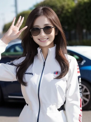 woman, standing next to formula 1:1.4, white jacket, white skirt, sunglasses, waving hand, sporty,((masterpiece)), ((best quality)), (ultra-detailed), ((beautiful eyes)), Japanese female, (slender:1.3), ((30 years old)), beautiful, (cheerful grin:1.3),