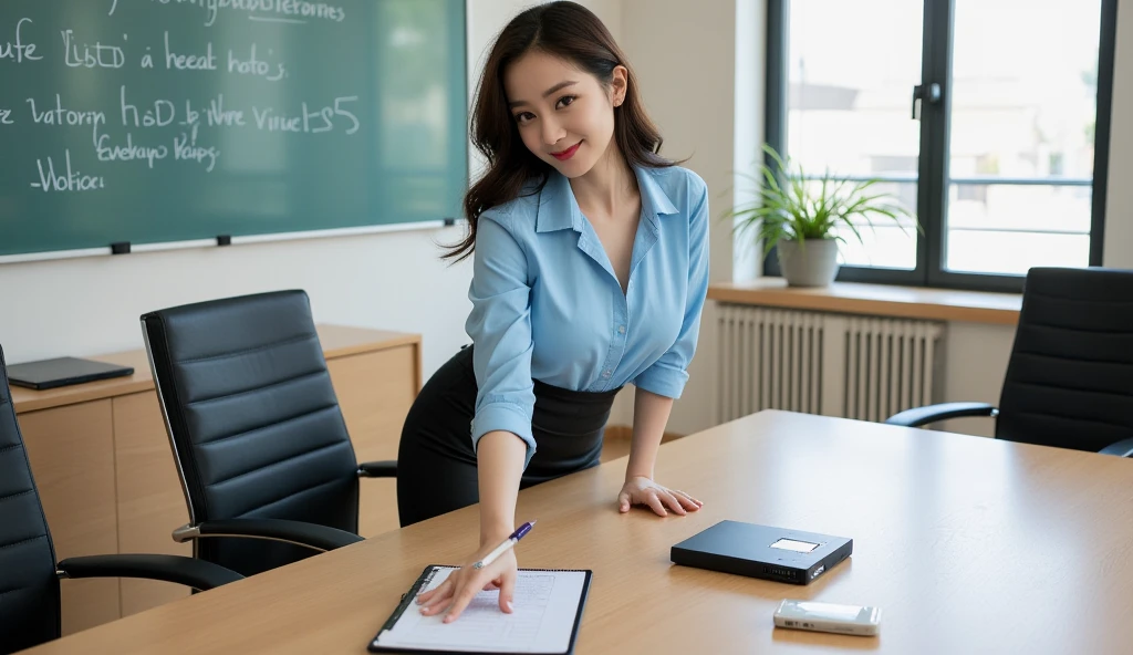 (((Best Quality, masutepiece, 超A high resolution、The most complex and detailed depictions)))、(Formal office style、Suit jacket、White Formal Blouse、tight skirts、The background is a beautiful office、Take photos of the entire office、houseplant、Large whiteboard、Draw numbers and graphs on the whiteboard、bar graph、Perfectly reproduce detailed and complex office interiors、Shot from the waist up)、Bright and saturated、Emphasize body lines、[large full breasts]、morning lighting 、A smile、Perfect makeup、a necklace