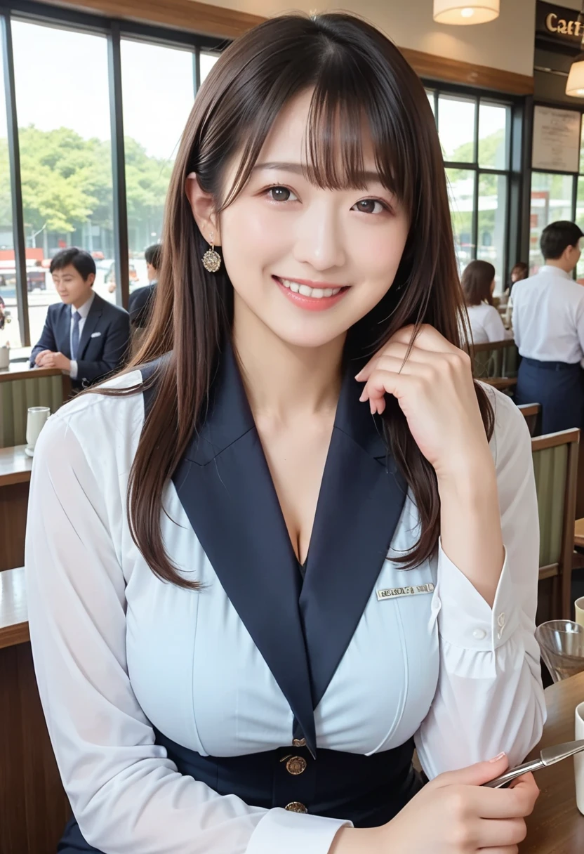 Genuine, nsfw, HIGH RESOLUTION PICTURES , masterpiece, top quality , high quality DVD , very detailed,  More Information, Details, sharp concentration, professional lighting , alone, 1 girl, young Japanese women, max per body, ((dark brown hair,long hair)),active, boyish woman, glamour,  Bitch,small head, Xiaoyan,beautiful detailed face, (shy,is embarrassing,soft smile) ,((business suits)), ((Big Breasts:1.4)), front view, Viewer, perfect hand, perfect anatomy,(((Cafe, are dating)))