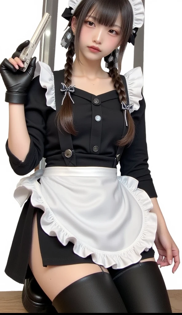 wearing a maid outfit。The maid outfit has a large opening at the chest.、The girl has small breasts。Her eyes are covered with a black cloth and she is wearing opera gloves.、Hands clasped in front。
