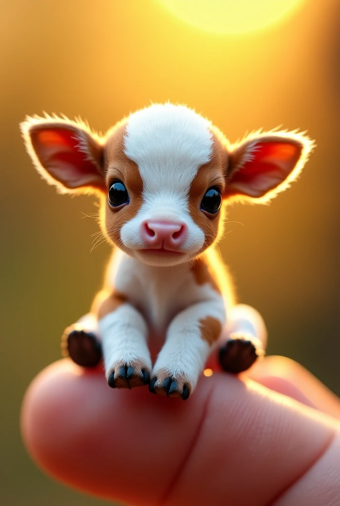 There is a small calf sitting in a person's hand, a miniature calf, a miniature animal, sitting on a finger, cute and cute, cute and cute, cute kitty, cute calf, the photo is very realistic, very small,  Picture of a beautiful cow, just a neat little thing, cute little nose, beautiful and cute, beautiful creature, pretty cute, very detailed photo.