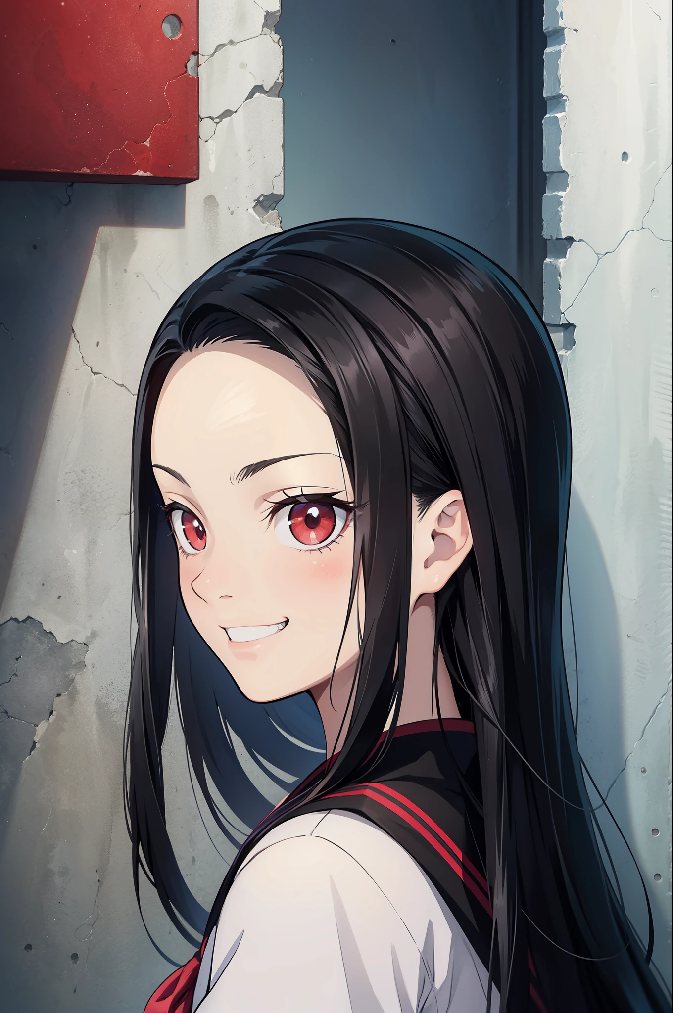 (masterpiece, best quality:1.2), kimetsu no yaiba style, kiyomi, (1girl, solo), 18years old, (upper body, portrait), (face close-up, face focus), (behind back, looking back), (black long hair, straight hair), red eyes, (evil smile, grin:1.2), provocative expression, (serafuku, sailor suit), concrete wall