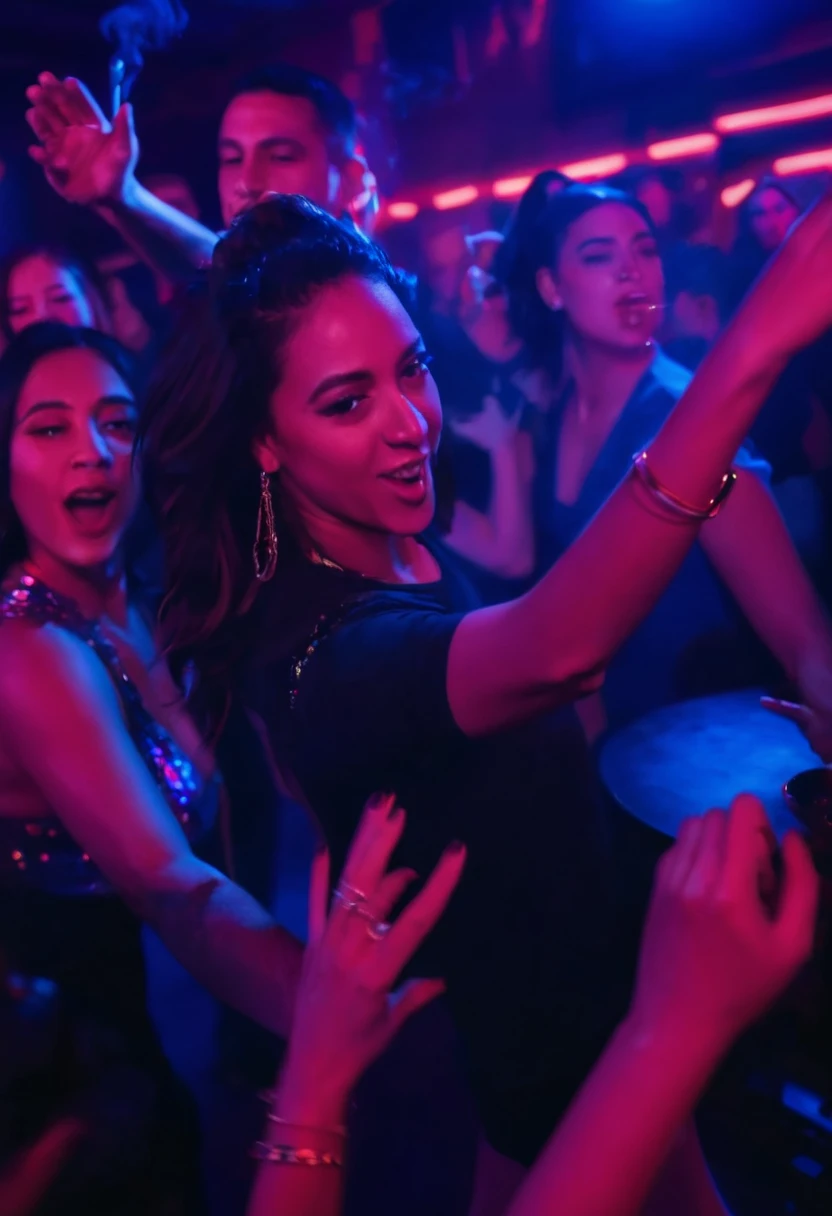 A crowd of people dancing on a dance floor lit by lasers and strobe lights. People have big smiles on their faces and seem to be having a lot of fun. The music is loud and the energy is high, Hiperealista, em 8k