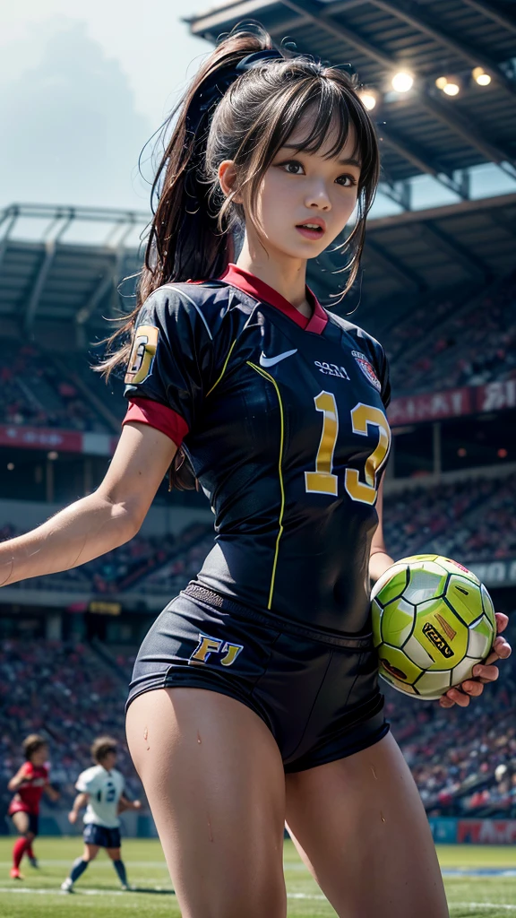 Highest quality, High resolution:1.2, Very detailed, Realistic:1.3, ((Beautiful woman))、((Super tight uniform))、((Big Breasts))、Vibrant colors, play soccer,(Blunt bangs)、((Various Hair Styles))、Different hair colors、With bangs、Wet Hair, concentrate, splash, Action Shots, Grass blotches, Muddy ground, Wet turf, decide, Fast-paced games, Athletic physique, Shiny soccer ball, Wet Uniform, raindrop, Blurred motion, ボールにconcentrateする, Intense competition, Skillful dribbling, Energetic play, Teamwork, powerful shoots, Wet pitch, Passionate sports, Fierce decide, Humid atmosphere, Fluid movement, emotional expression、Dramatic lighting, Women's Sports, Avid athletes, Exciting Games, Endure, Excited state, Speed and agility, Energetic play, 濡れたsplash、smile、Red Uniform