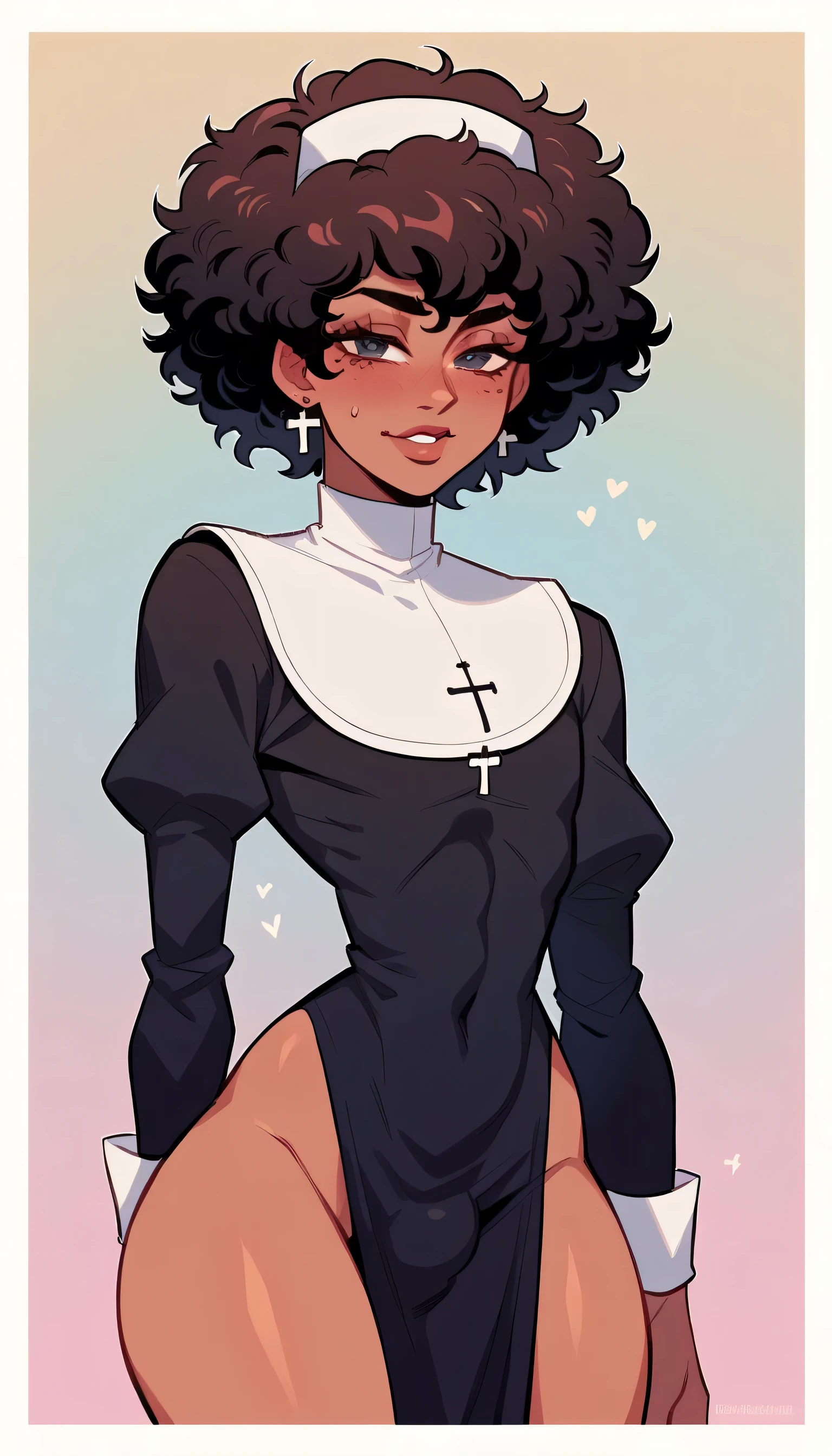 better quality, very detailed illustration short ruffled voluminous bouncy hair , afro hair, playful look, delgado, ideal body, thin waist , wide hips, simple drawing, Artifyber style , pastel flat colors , nun outfit, sexy, close up, femboy