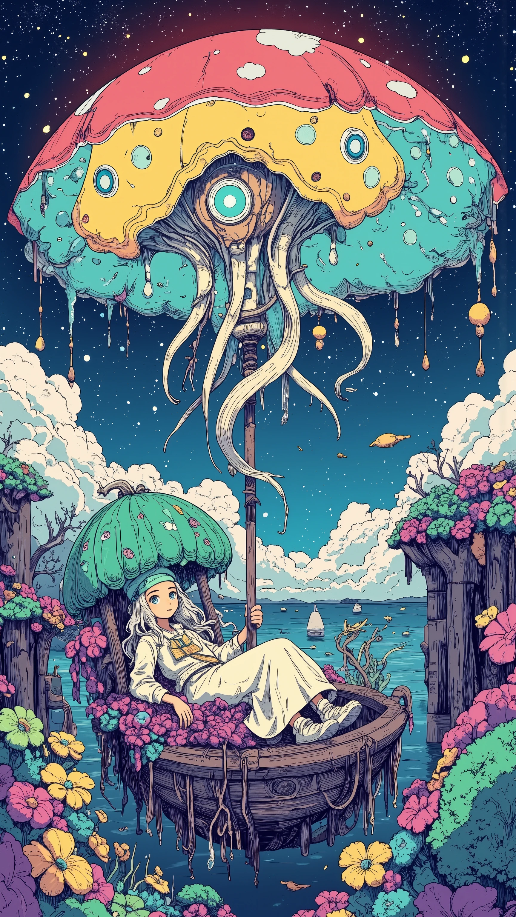 fantasy,Vision,There is a rainbow jellyfish ship in the clouds,jellyfish umbrella cover(It is 5 meters long),The oar is a boat made of whale ribs,fluorescent seaweed grows on the interior walls of the cabin,Provides oxygen and light blue lighting,and antler corals,covered with purple moss, girl(21 years old,silver-white curls, long hair,gentleman hat with a mint green head,cream long dress,off-white canvas shoes)Lying in a sea of flowers,Looking up,The night sky is low,The stars are within reach,Shooting stars frequently streak across the sea like fireworks。and the gentle sound of the wind coming from my ears intertwined with the rustling of the flowers swaying。I've always been snuggling up with a snow fox