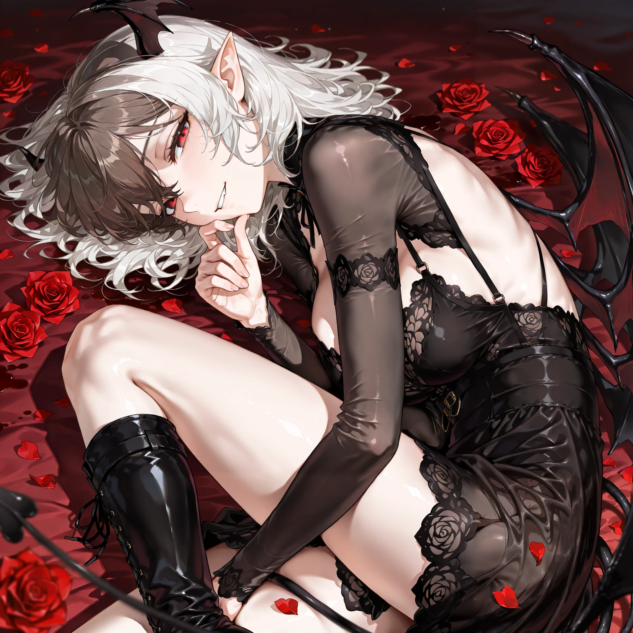 by [arknights|(748cmstyle:0.5)], mature, young adult, masterpiece, best quality, amazing quality, very aesthetic, high resolution, ultra-detailed, absurdres,
1girl, woman, solo, alone,(dynamic pose, looking at viewer, resting on her elbow, side shot, from the side, upper body focus, three quarter view, face shot, close-up, portrait:1.2), dramatic pose, red eyes, black hair, medium hair, white hair, brown hair, vampire, lace dress, high boots, succubus, holding her breasts, half lidded eyes, tsurime, medium breasts, divinity, fighter, lip bite, darkness, Laying down in a field of blood roses, laying down on her side, sexy pose, rubbing her thighs, on her sides, finger on her lips, hushing, soft eyes, loving expression, bedroom eyes, curled up, gentle, falling rose petals,
BREAK, depth of field, volumetric lighting
 
