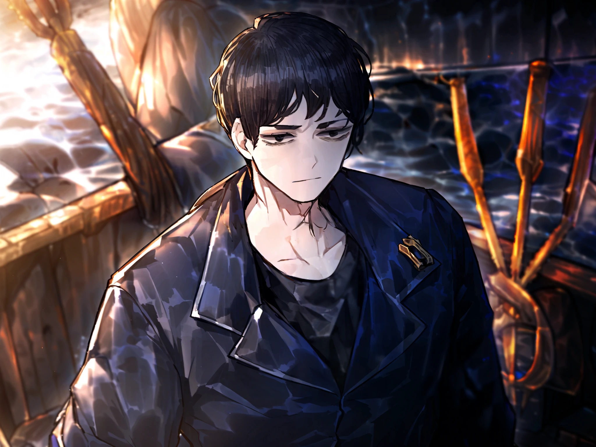 1man, boy, male, black hair, short hair, unkempt hair, pirate captain attire, close up, solo, dark blue coat, high resolution, Masterpiece, detailed, ((projectmoon)), skinny, black eyes, on ship, trident with 3 prongs on back, black shirt,