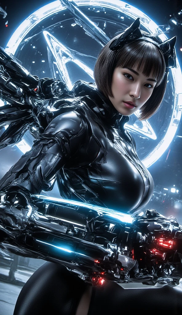 （Part of the skin is a computer）、Highest quality、masterpiece、Ultra-high resolution、(Futuristic machine gunで、knifeを持っている),（Wearing a futuristic hat）、(Photorealistic:1.4)、RAW Photos、1 Girl、Black Hair、Glowing Skin、((1. Mechanical Girl))、((Ultra-Realistic Details))、Portrait、（Mystical Expressions）、（hugeなロケットランチャーを持っています）、explosion、Particles of light、（Small LED Lamp）、Wire tubes that glow all over the body、(With cutting edge weapons),Global Illumination、Shadow、Octane Rendering、8K、Underarm、Super sharp、huge 、Small LED Lamp、Bare skin exposed in the cleavage、Metal、Blood vessels connected to tubes、With weapons、Red bodysuit、Underarm、Cyberpunk city background、Intricate decorative details、More about Japan、Very intricate details、Realistic Light、CGSoation Trend、blue eyes、Shining Eyes、To the camera、Neon Details、（Number tattoo on face）、Mechanical Limbs、Blood vessels connected to tubes、Mechanical vertebrae attached to the back、Attaching a mechanical cervical vertebra to the neck、Wires and cables connected to the head、Gundam、Small LED Lamp、Toostook、Toostook、Futuristic machine gun、knife、(Red Metallic Bodysuit),Big Breasts