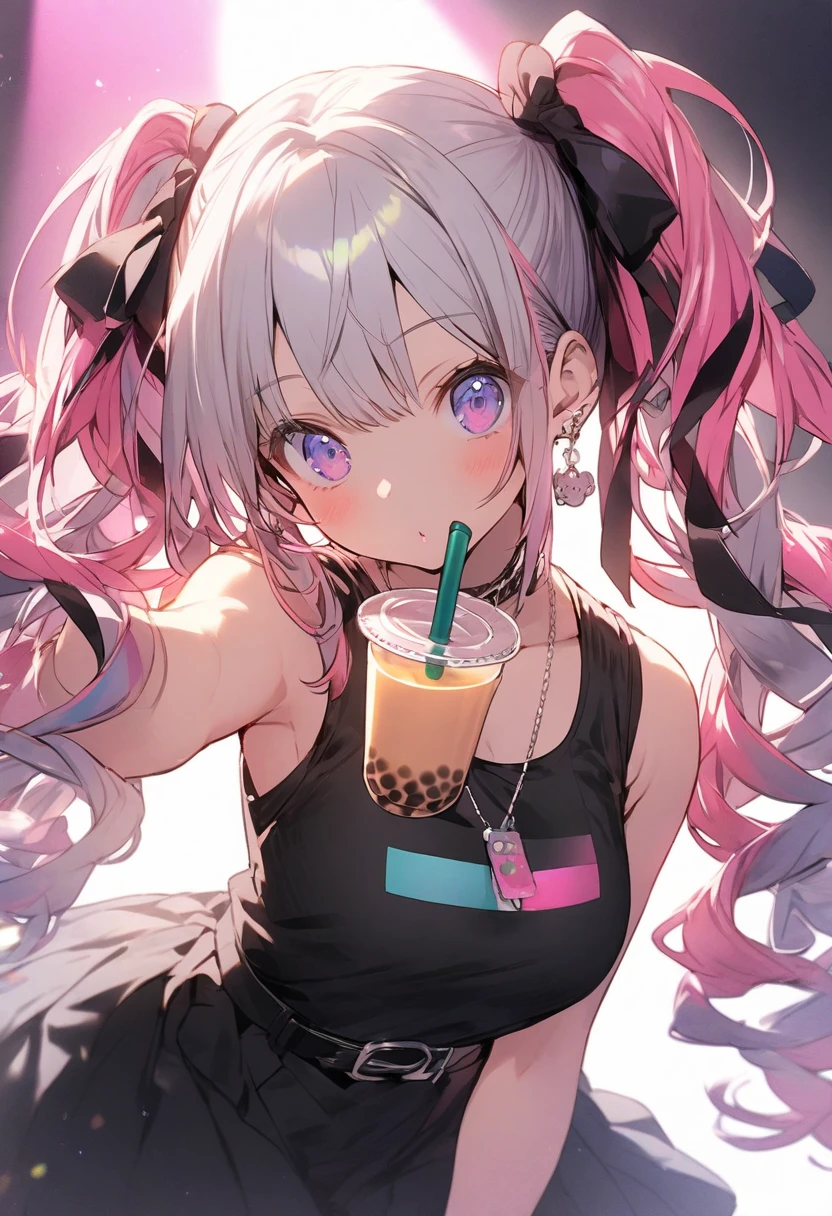 Emilia re:zero, purple eyes, Emilia, crown braid, x hair ornament, flower hair ornament, white hair, long hair, medium breasts, ((Masterpiece)), best quality, absurderes, ultra detailed, holographic, cowboy shot, dynamic pose, golden ratio, super cute girl, mature girl, extremely beautiful, super beautiful asian girl with super beautiful brown shiny eyes, super and sexy body, super beautiful legs, super beautiful brown multicolored short hair, high ponytail, shiny and super beautiful skin, nice and sexy body, slim and delicate body, perfect body, wearing a super tight black short sleeve crop top, bare shoulders, super tight translucid black leggings, hot panties, fox hairband, being photographed in a popular kawaii food court