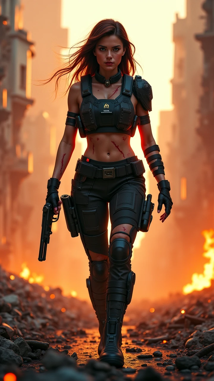 1 woman, grim, Cool, dystopian, (shining eyes:1.3),, Dirty skin, It is covered with dirt., natural makeup, (urban battlefield:1.1), (city in flames:1.35), (smoke plume:1.25), Battle-scarred buildings, (destruction, destruction된 건물, wasteland, City Ruins:1.3), Dynamic action poses, (advanced future science fiction:1.4), (heavy armor:1.3), nanofabric underwear, (high tech:1.2), (Bright screen display:1.3), (cables and wires:1.2), mechanical hydraulics, augmented, militarism, threatening, complex carbon composites, (masterpiece:1.2), soft lighting, underground spawning, Heavy shadows, (best quality:1.4), golden ratio, (convoluted, high detail:1.2), soft focus, burnt sienna, Golden Light, dark purple, long hair, gray hair, (beautiful, very cool, perfect completion, Glamour model:1.3), base, concealer, Mascara, pink cheeks, smokey eye makeup, lipstick
