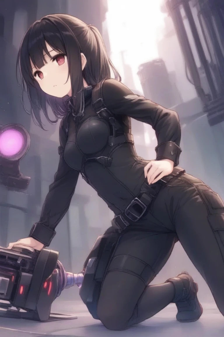 rouge redstar,1girl, black hair, solo, long hair, pink eyes, full lether suit,  indian red arm warmers,ear ornament, black choker, streaked hair, blunt bangs, long sleeves, looking at viewer,seductive smile, cowboy shot,stone wall, (best quality, masterpiece),cyber punk streats,night time,dim light ,silver buttons,small breasts