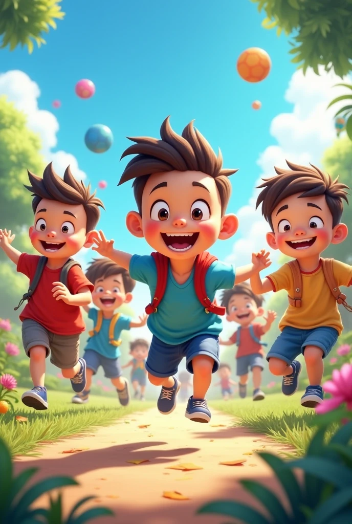 - action-packed illustration of Sochool and Jaden running around the playground, laughing and playing tag, with other kids in the background.