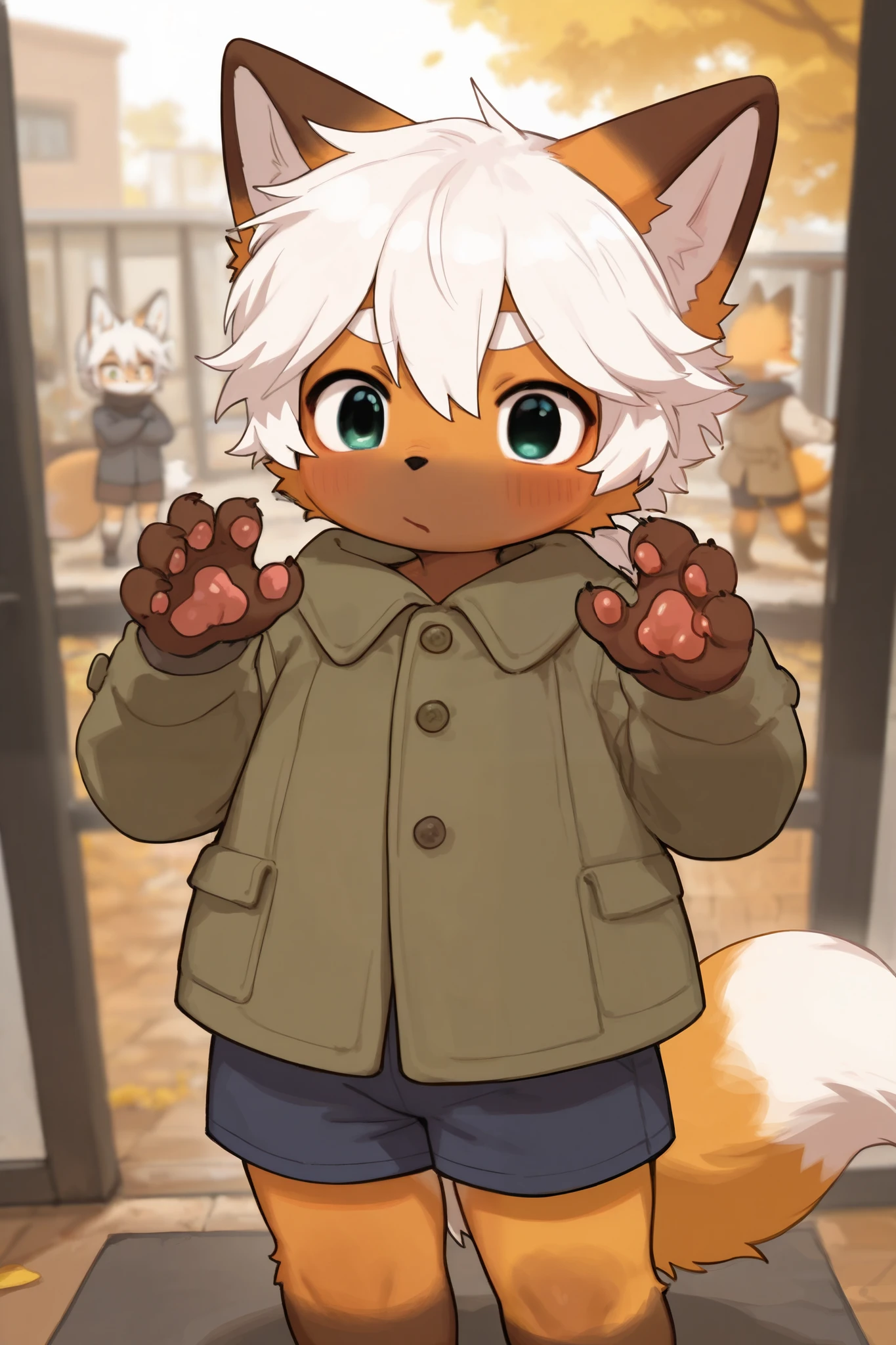 Fox Boy ,furry boy, Toddler Characteristics,White hair, brown skin ,coat, shorts,Pixel