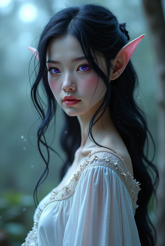 Full body of an elf woman with purple eyes, wavy black hair and white ...